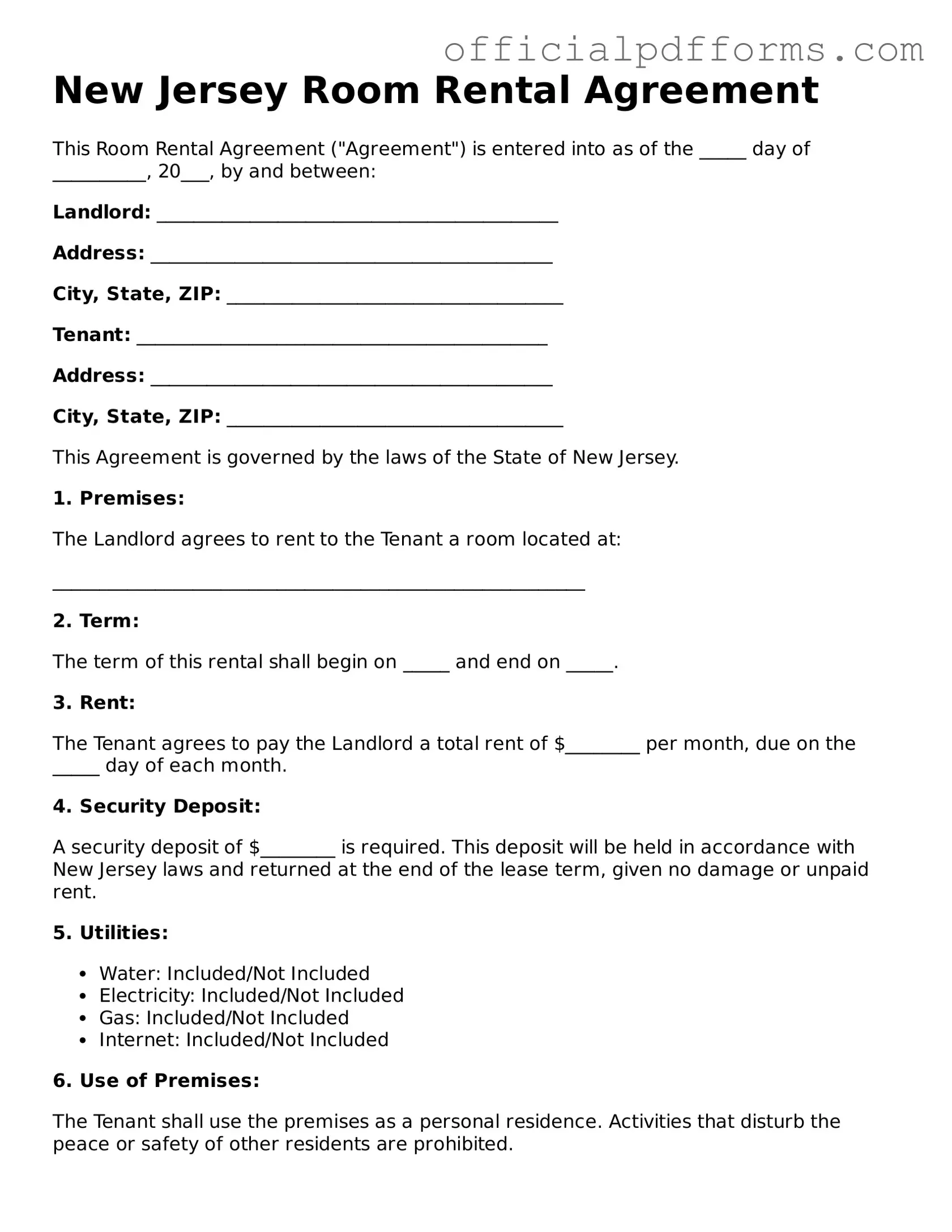 Printable New Jersey Room Rental Agreement Template