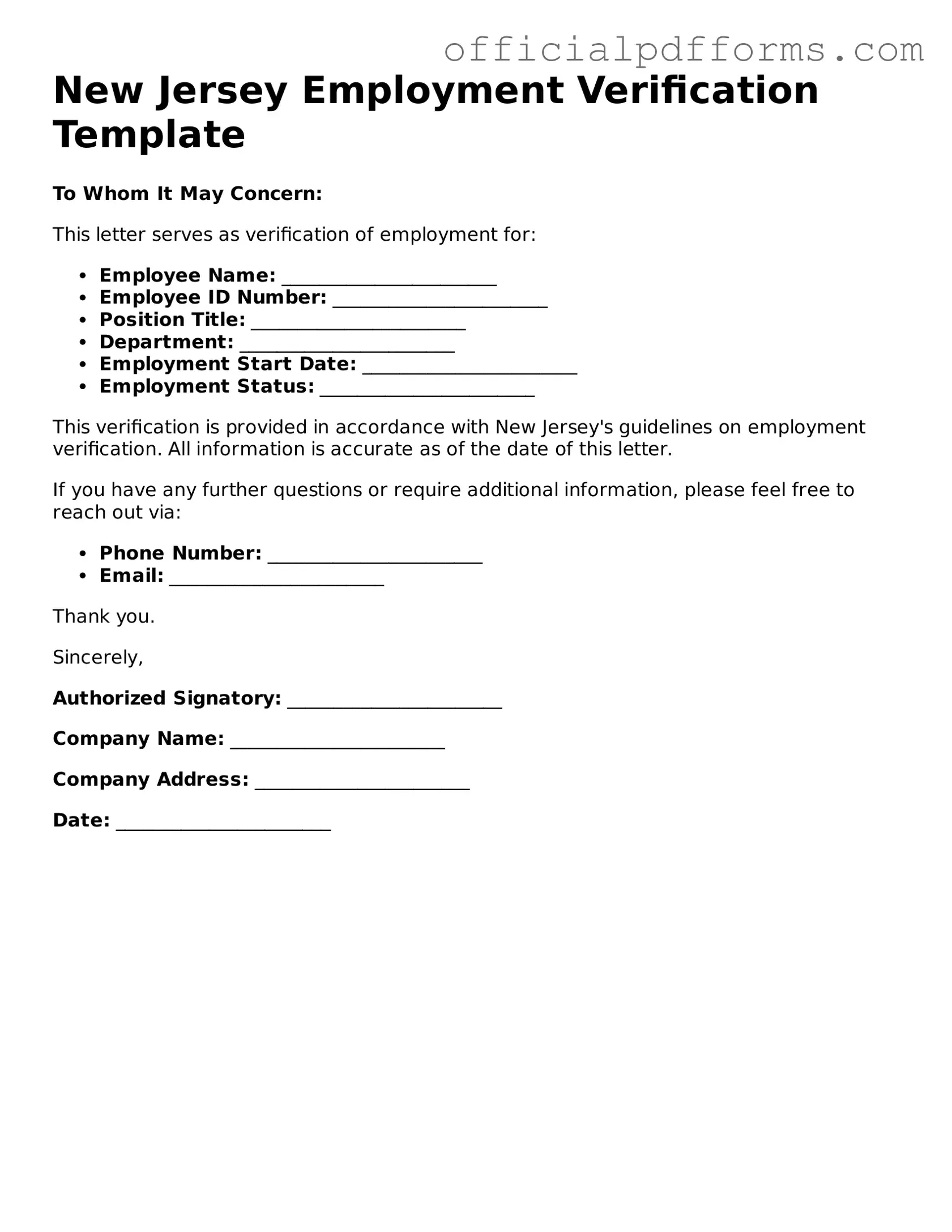 Printable New Jersey Employment Verification Template