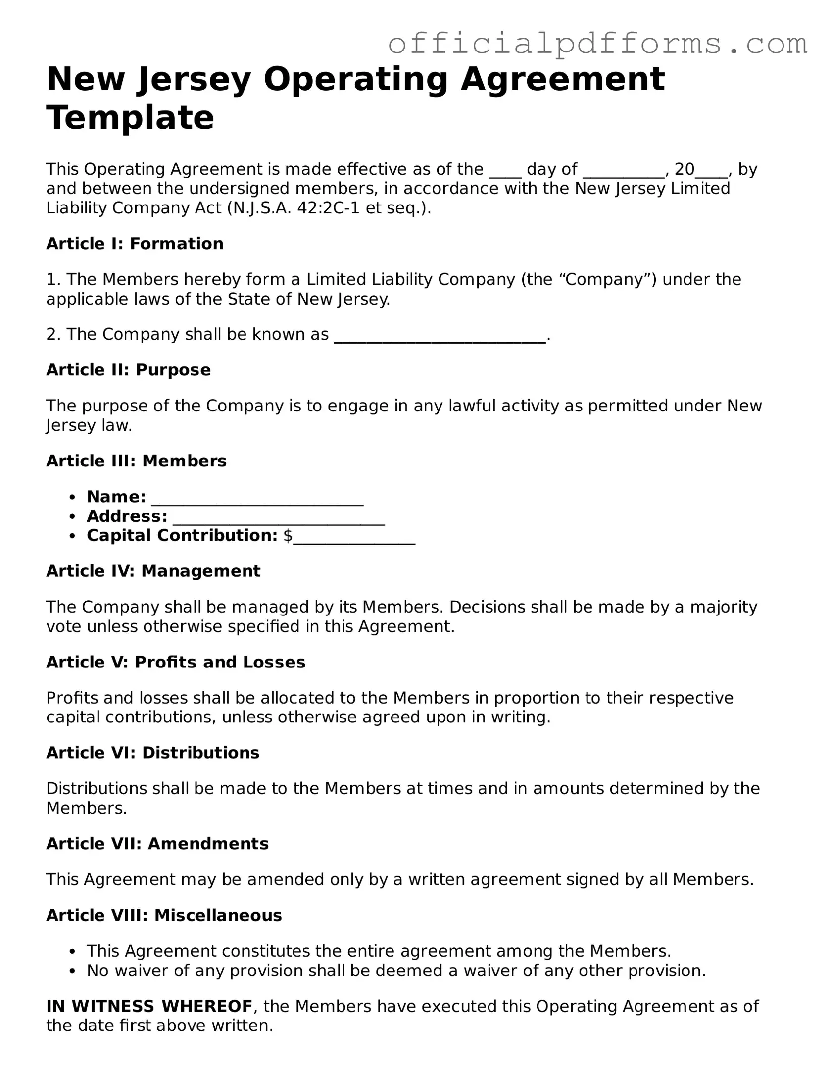Printable New Jersey Operating Agreement Template
