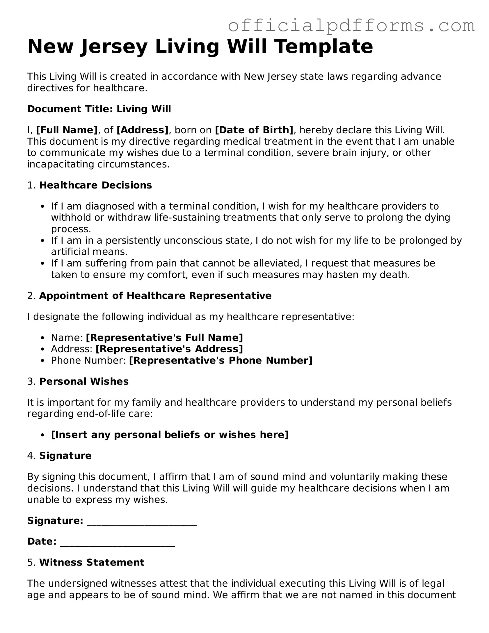 Printable New Jersey Living Will Template
