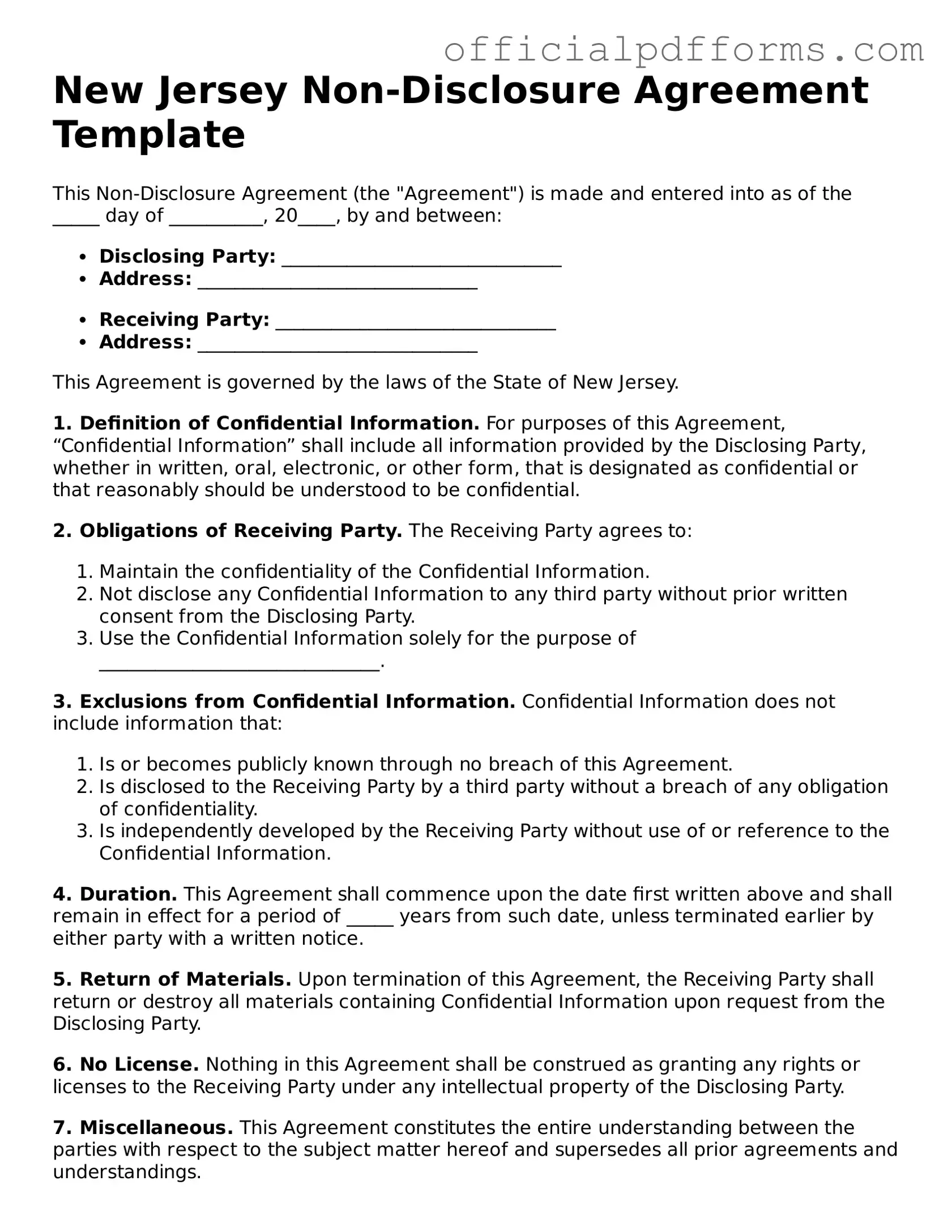 Printable New Jersey Non-disclosure Agreement Template