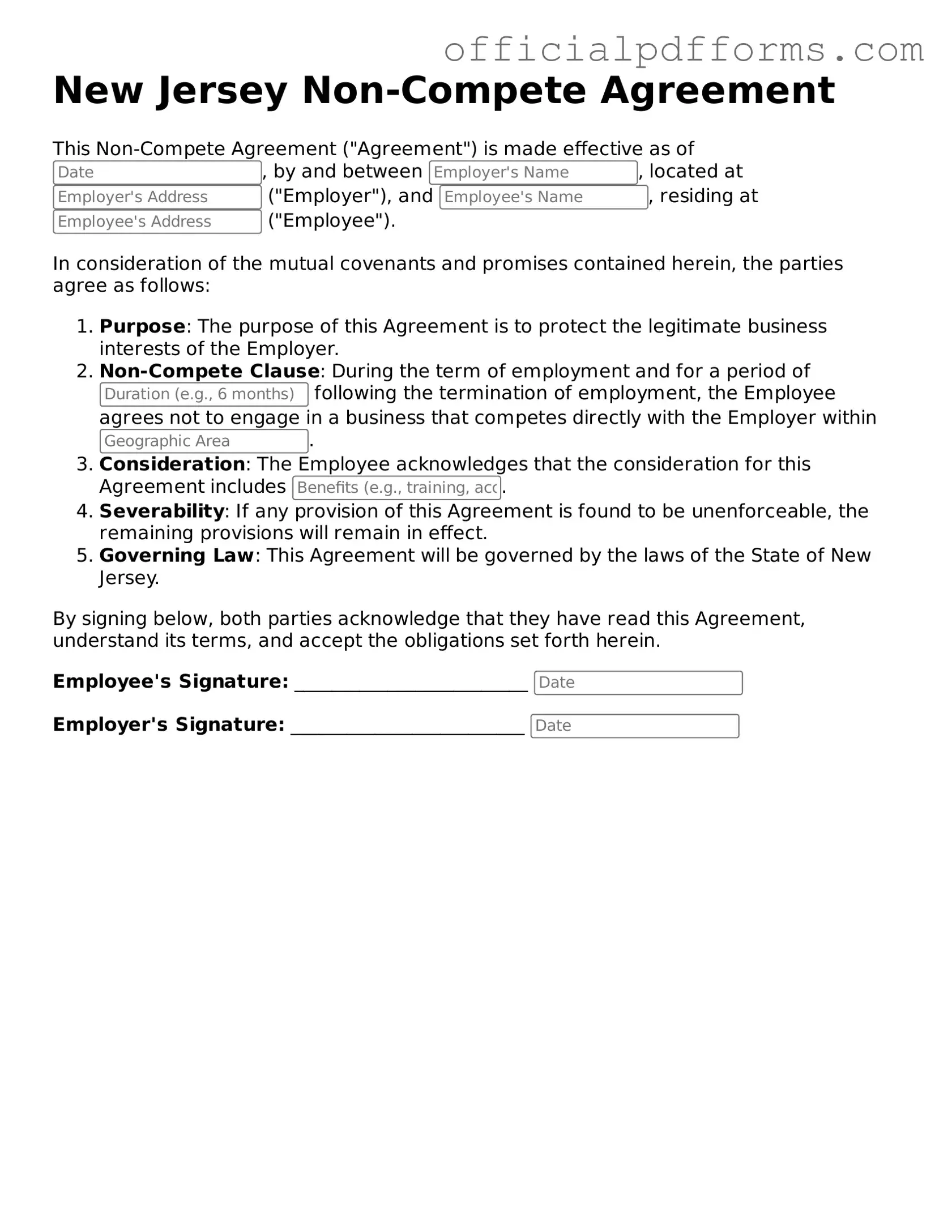 Printable New Jersey Non-compete Agreement Template