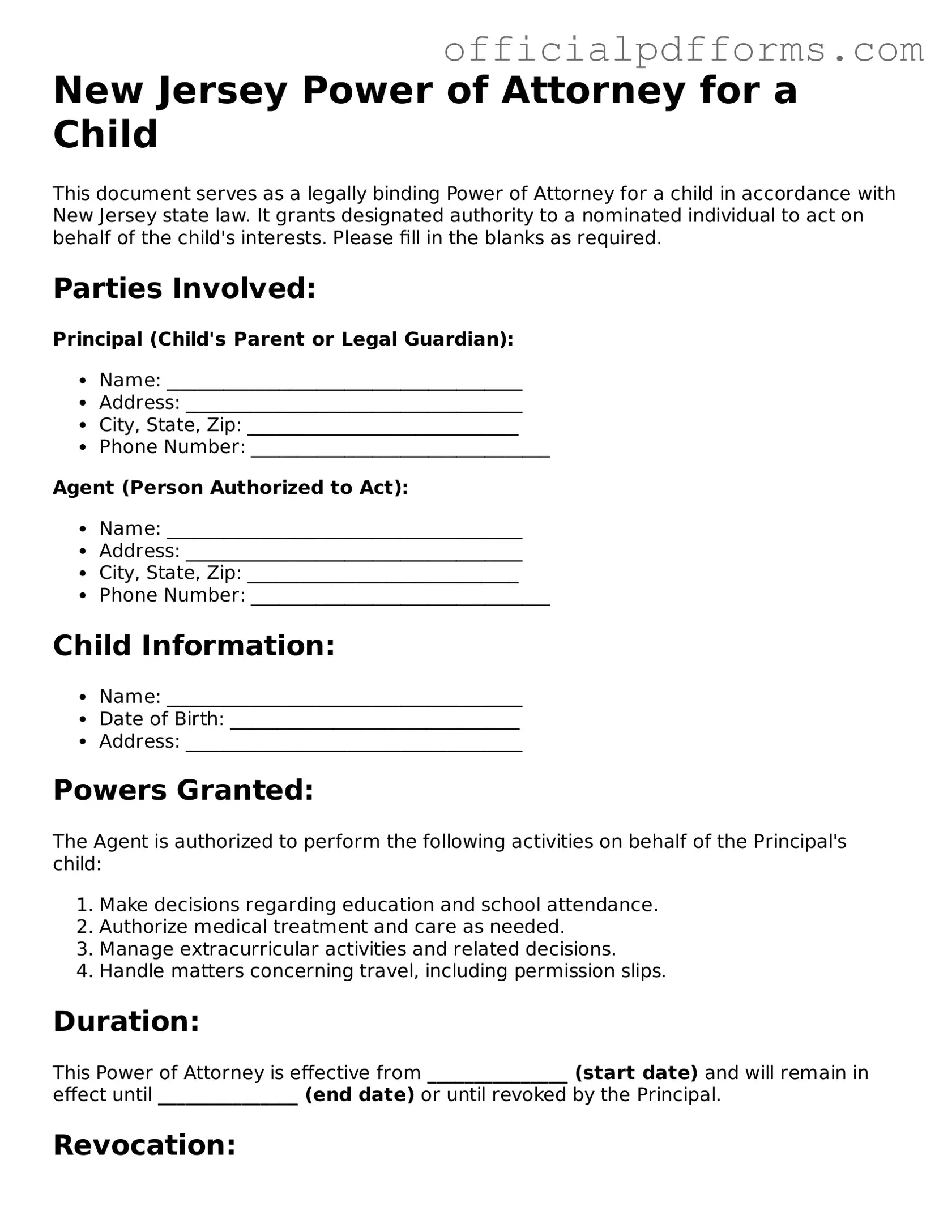 Printable New Jersey Power of Attorney for a Child Template