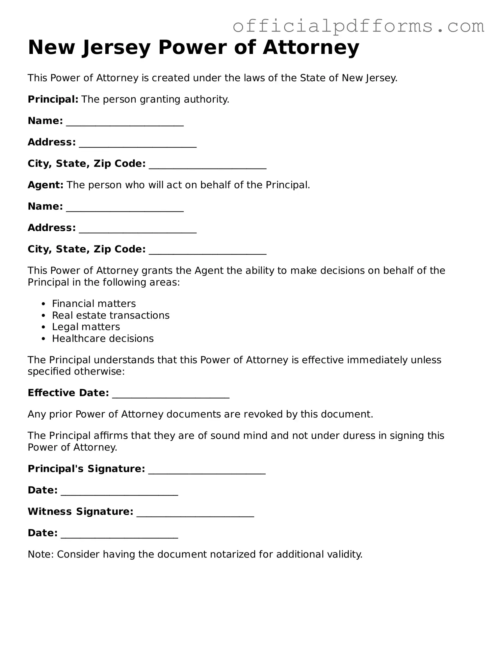 Printable New Jersey Power of Attorney Template