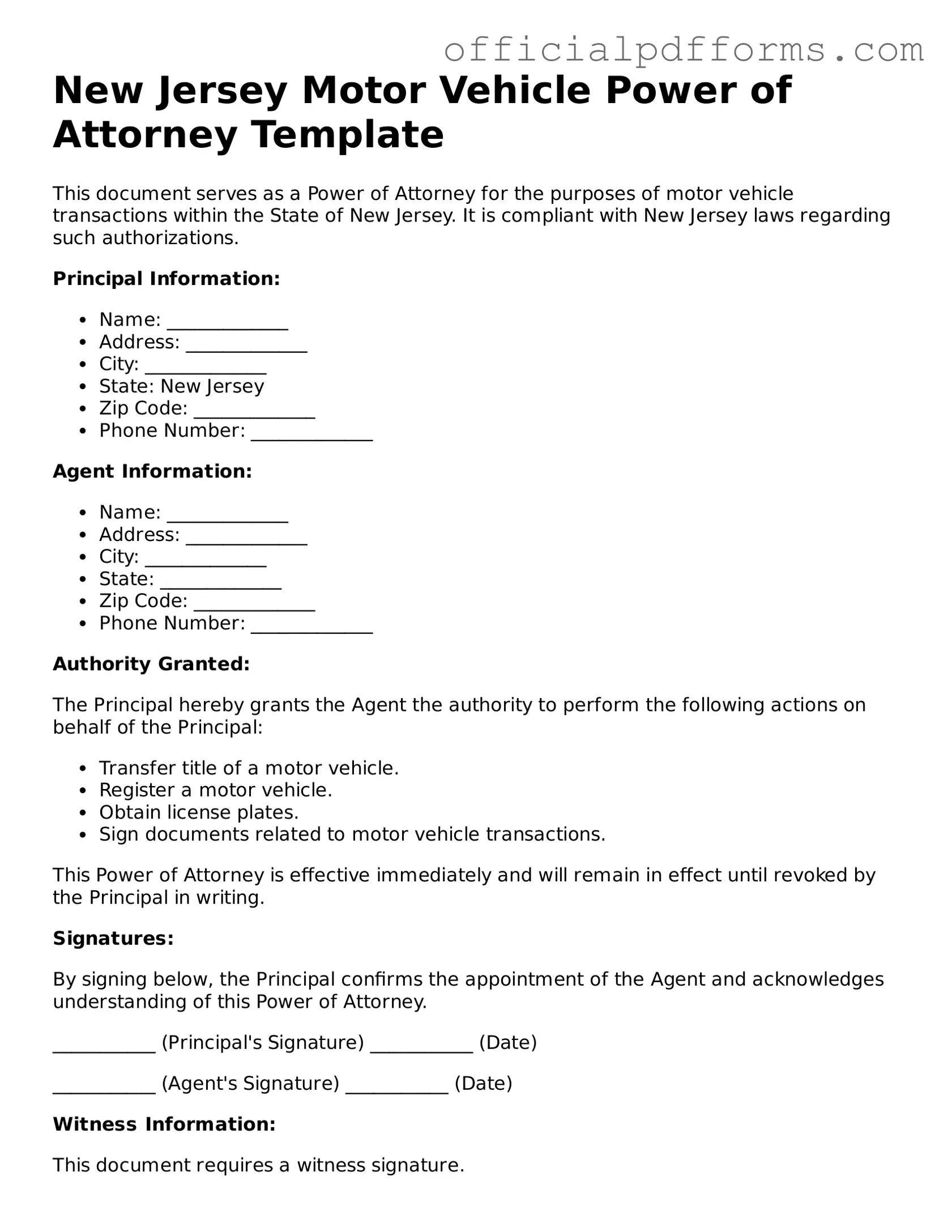 Printable New Jersey Motor Vehicle Power of Attorney Template
