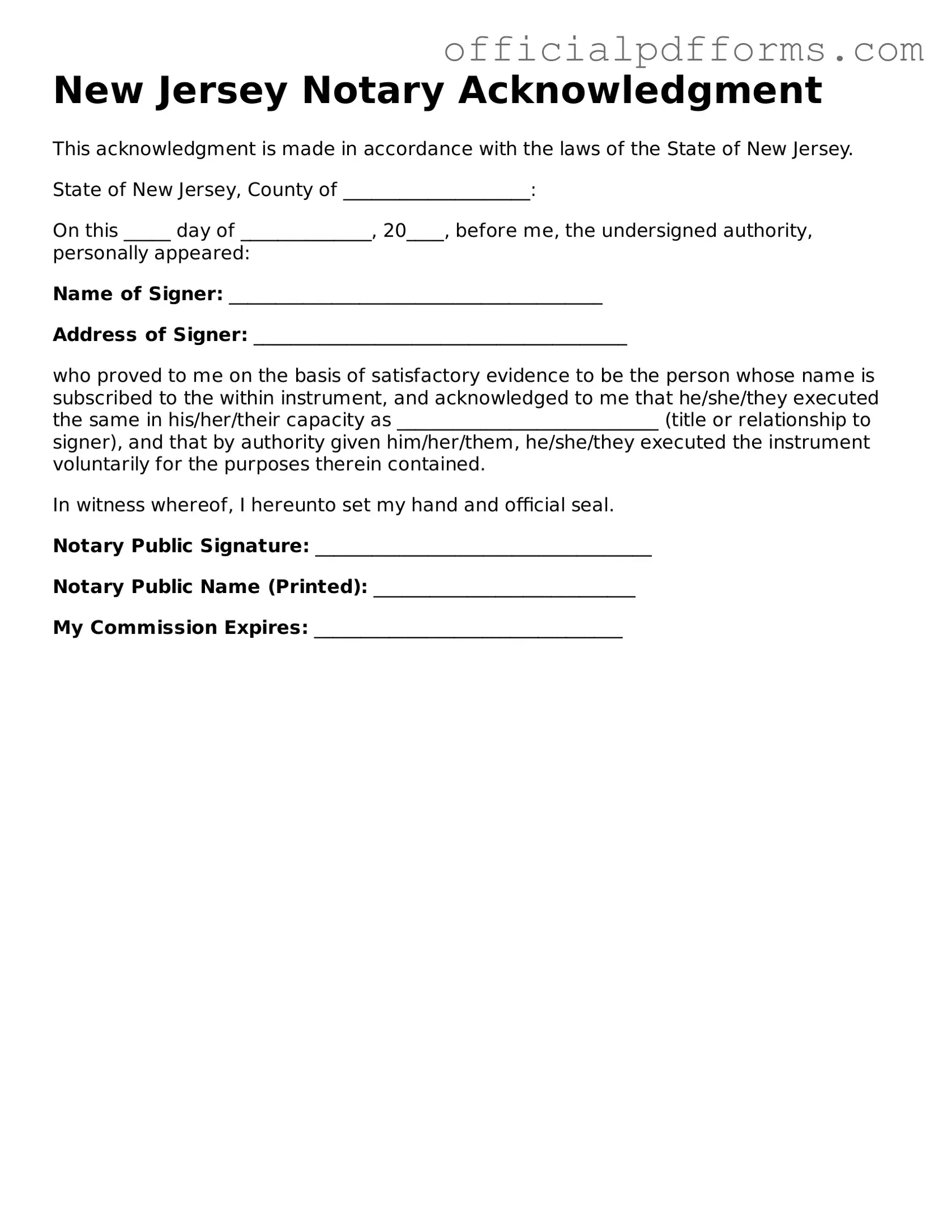 Printable New Jersey Notary Acknowledgement Template
