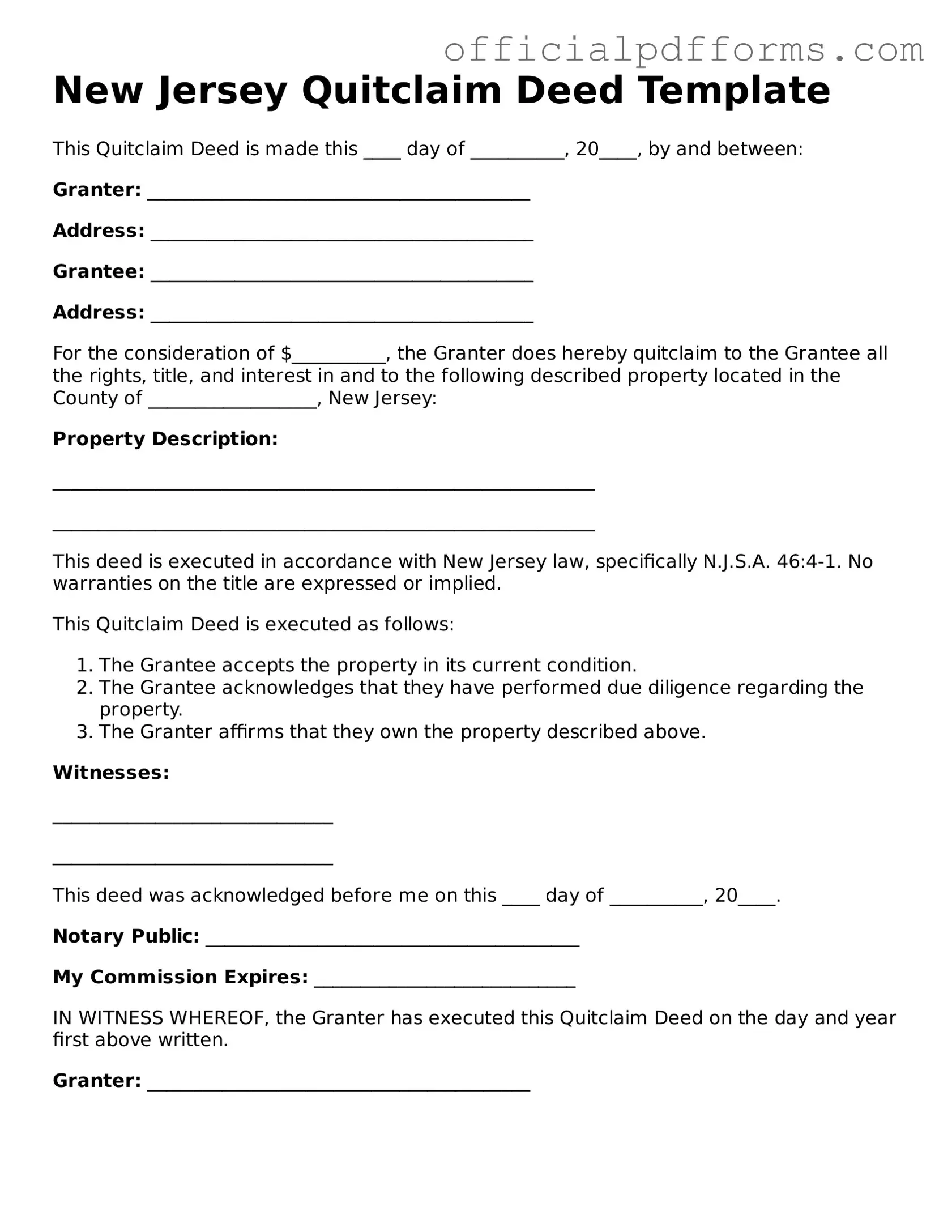 Printable New Jersey Quitclaim Deed Template