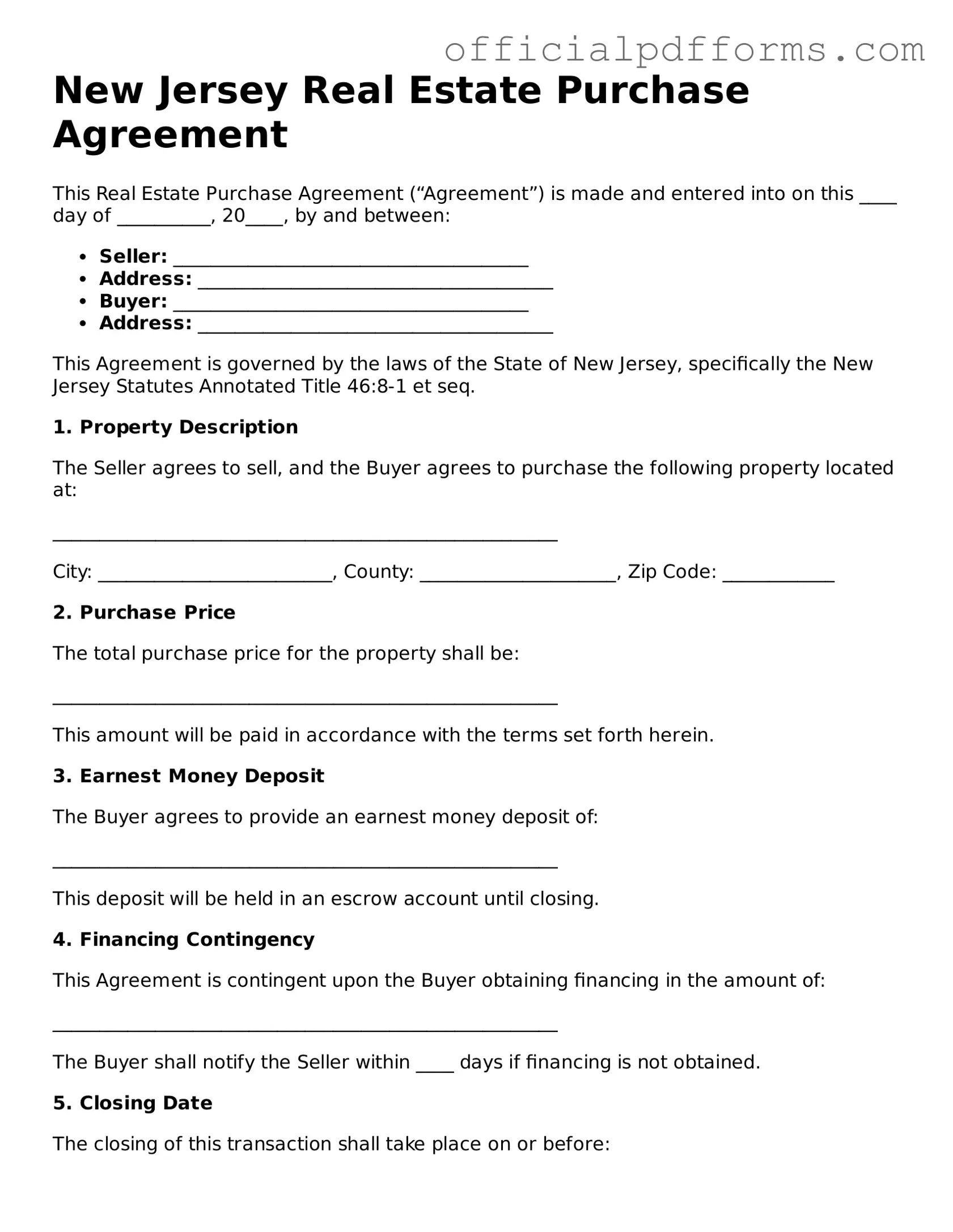 Printable New Jersey Real Estate Purchase Agreement Template