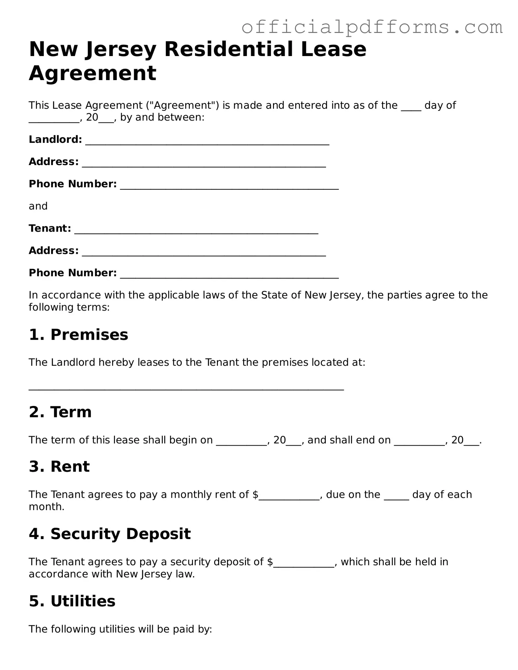 Printable New Jersey Lease Agreement Template