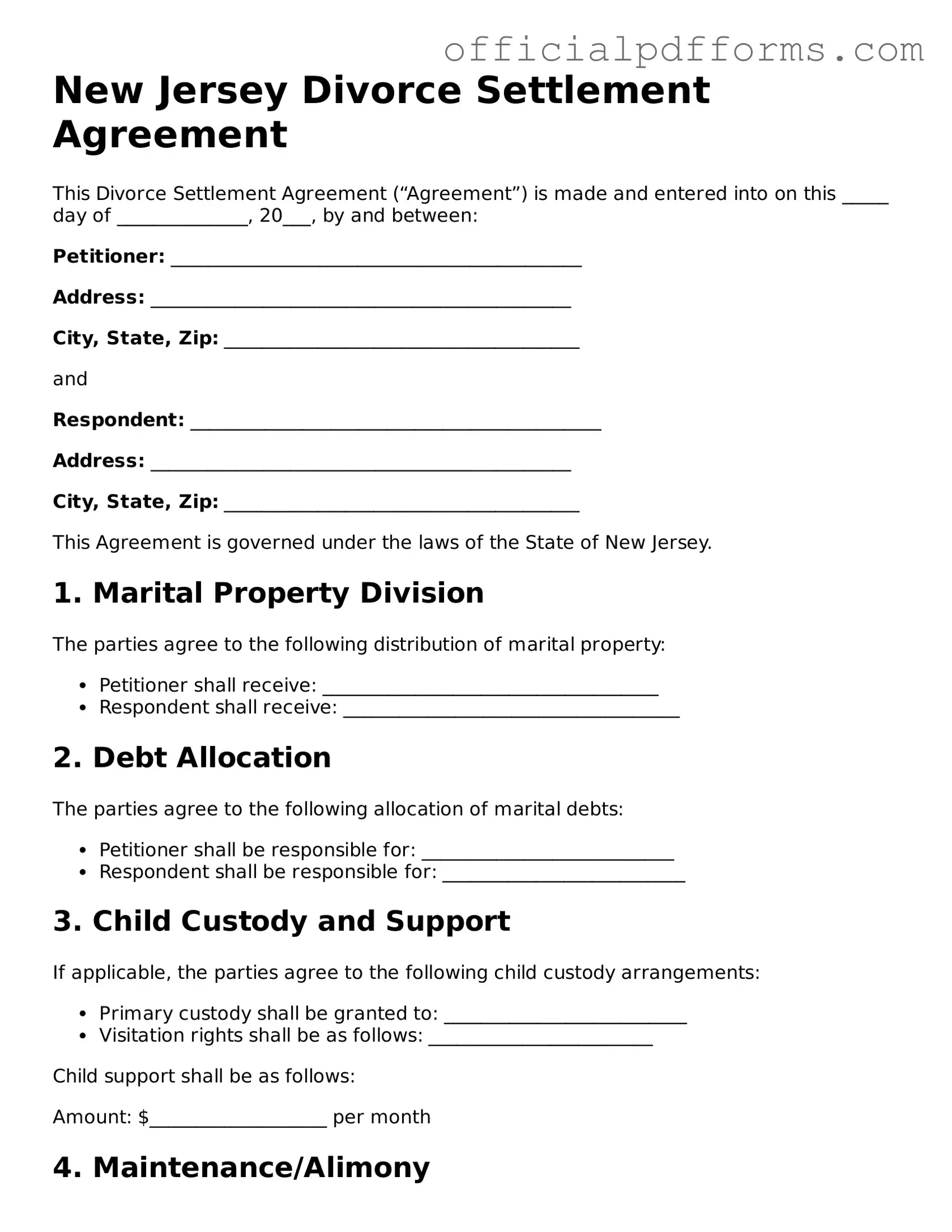 Printable New Jersey Divorce Settlement Agreement Template