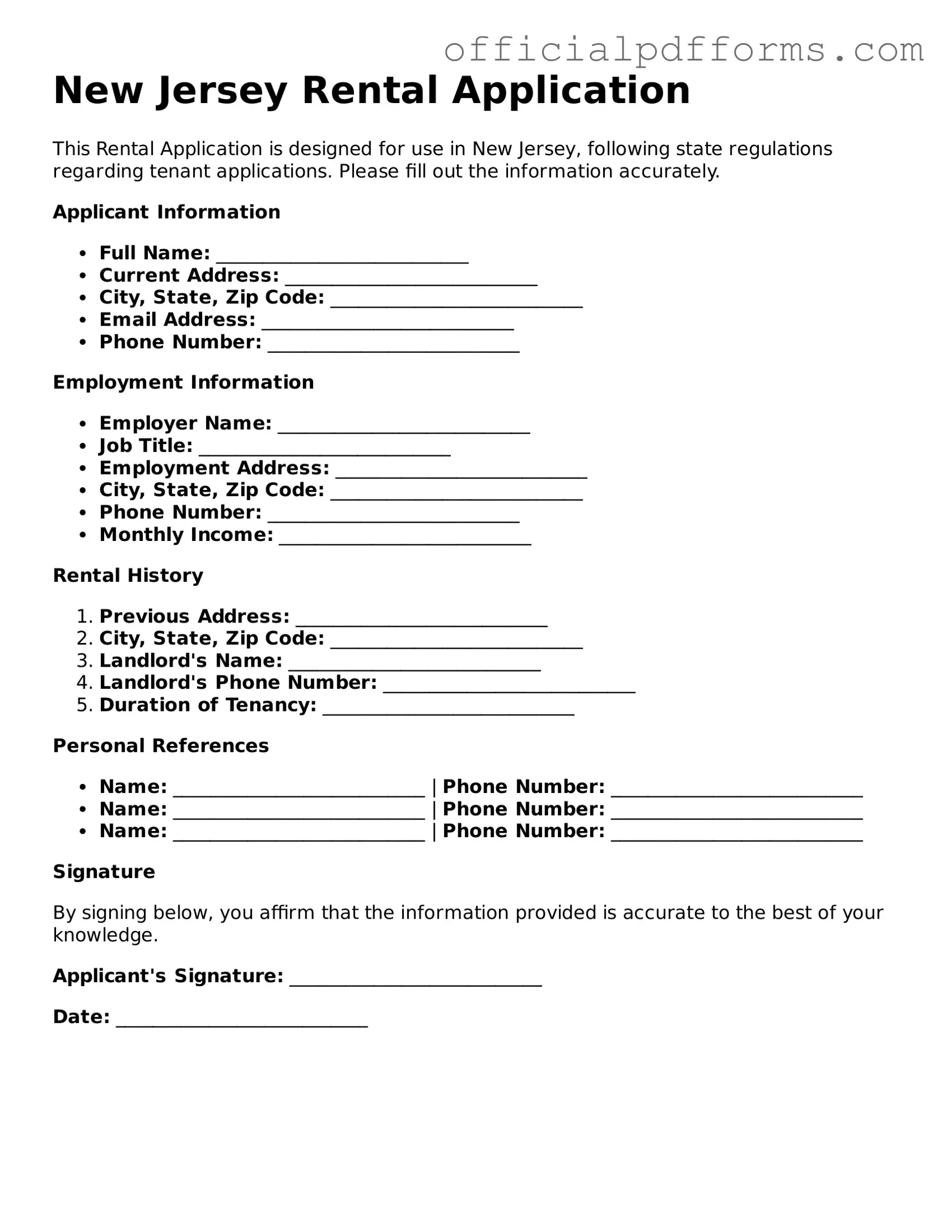 Printable New Jersey Rental Application Template