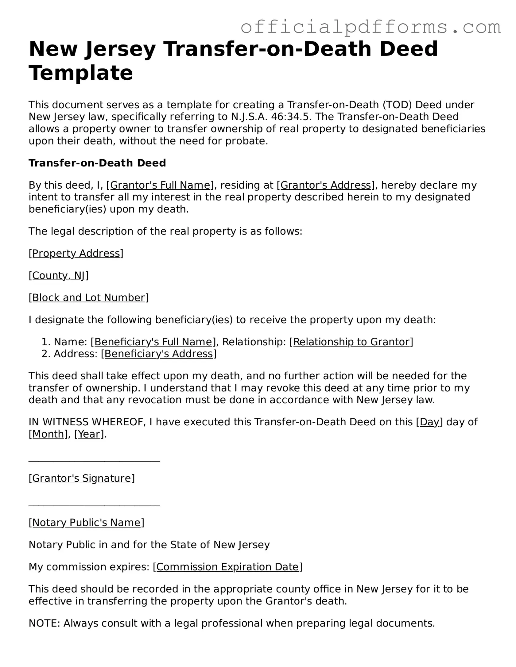 Printable New Jersey Transfer-on-Death Deed Template