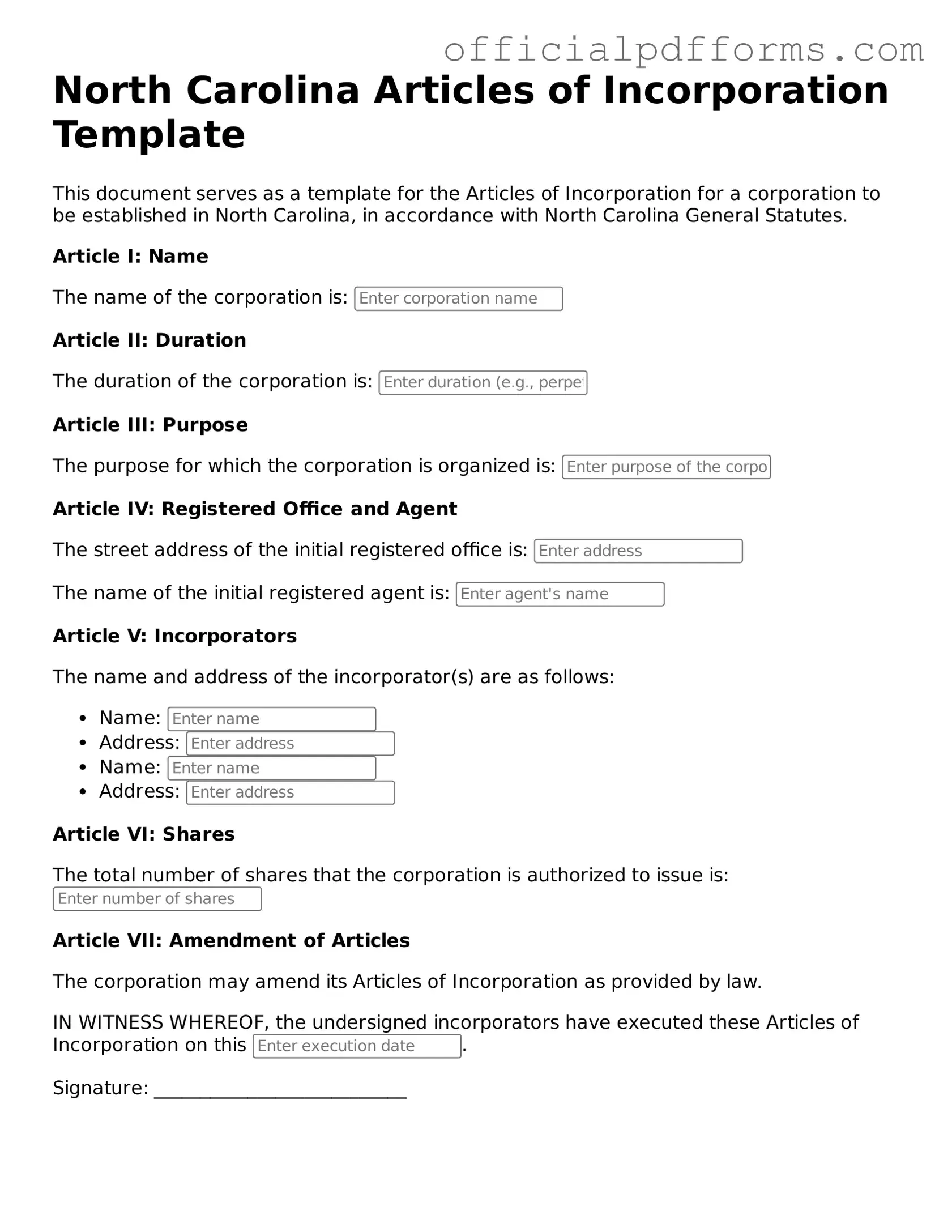 Printable North Carolina Articles of Incorporation Template