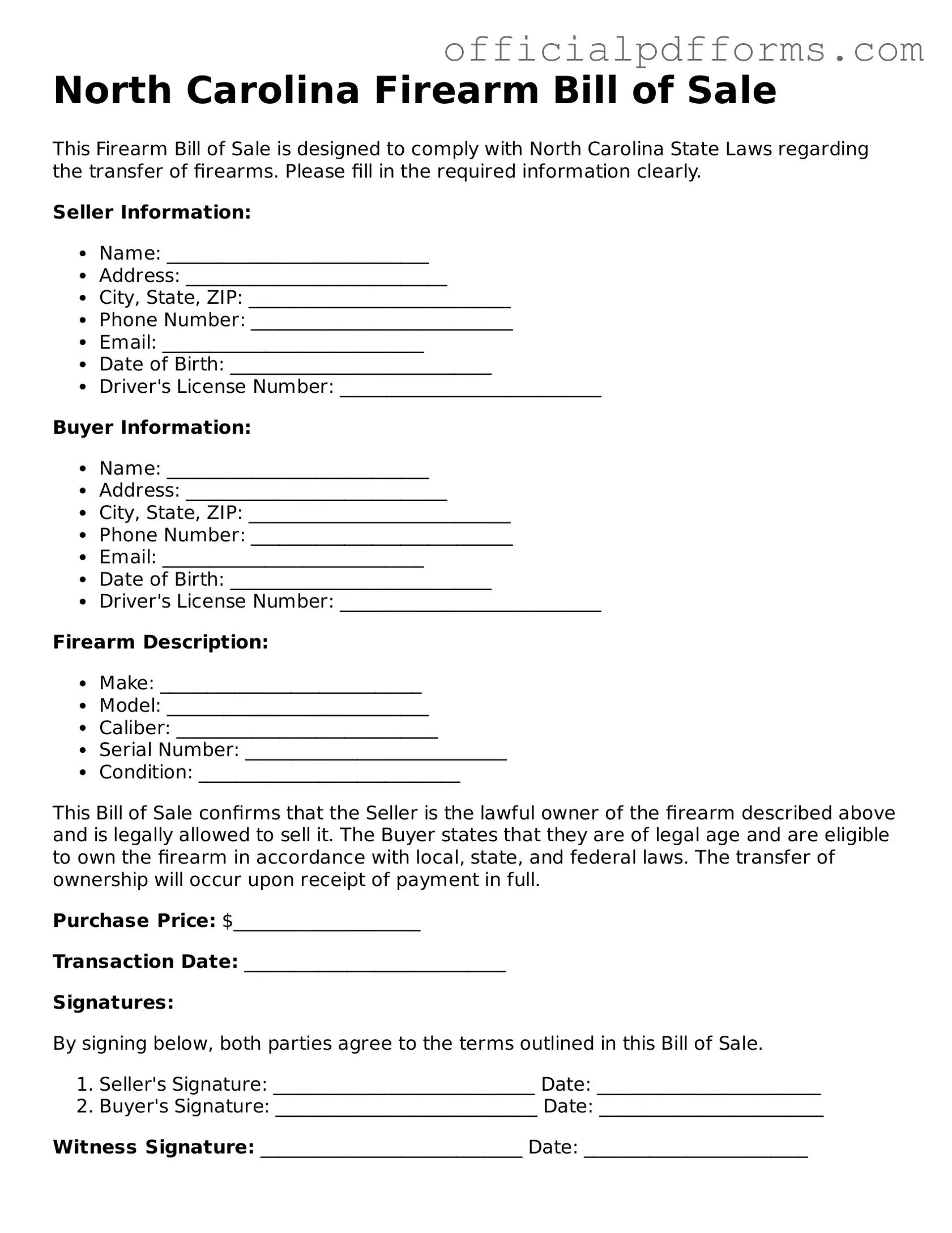 Printable North Carolina Firearm Bill of Sale Template