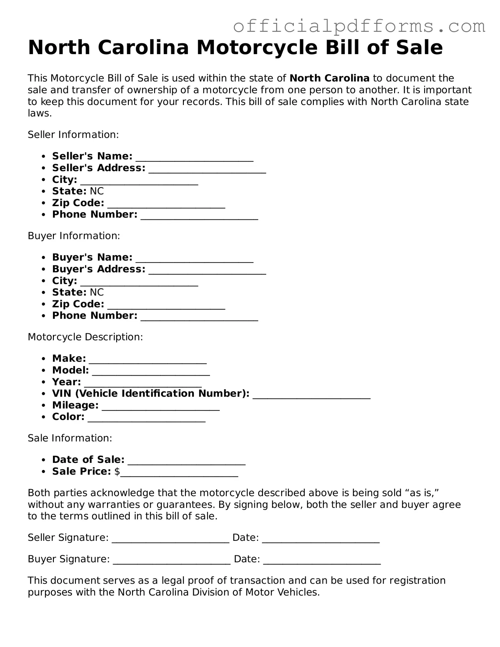 Printable North Carolina Motorcycle Bill of Sale Template