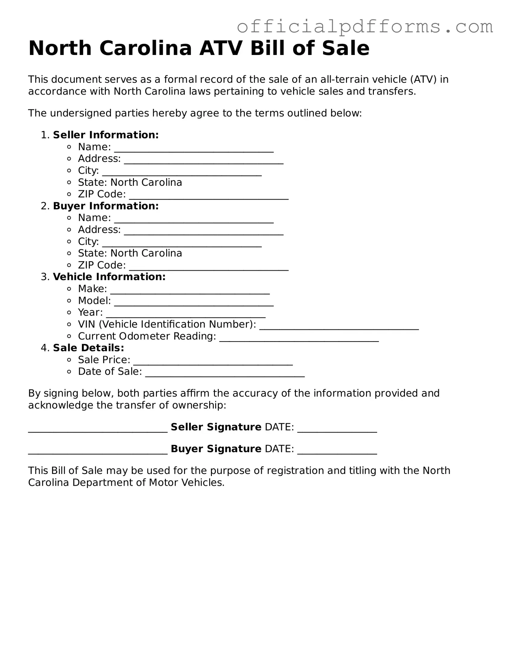 Printable North Carolina ATV Bill of Sale Template