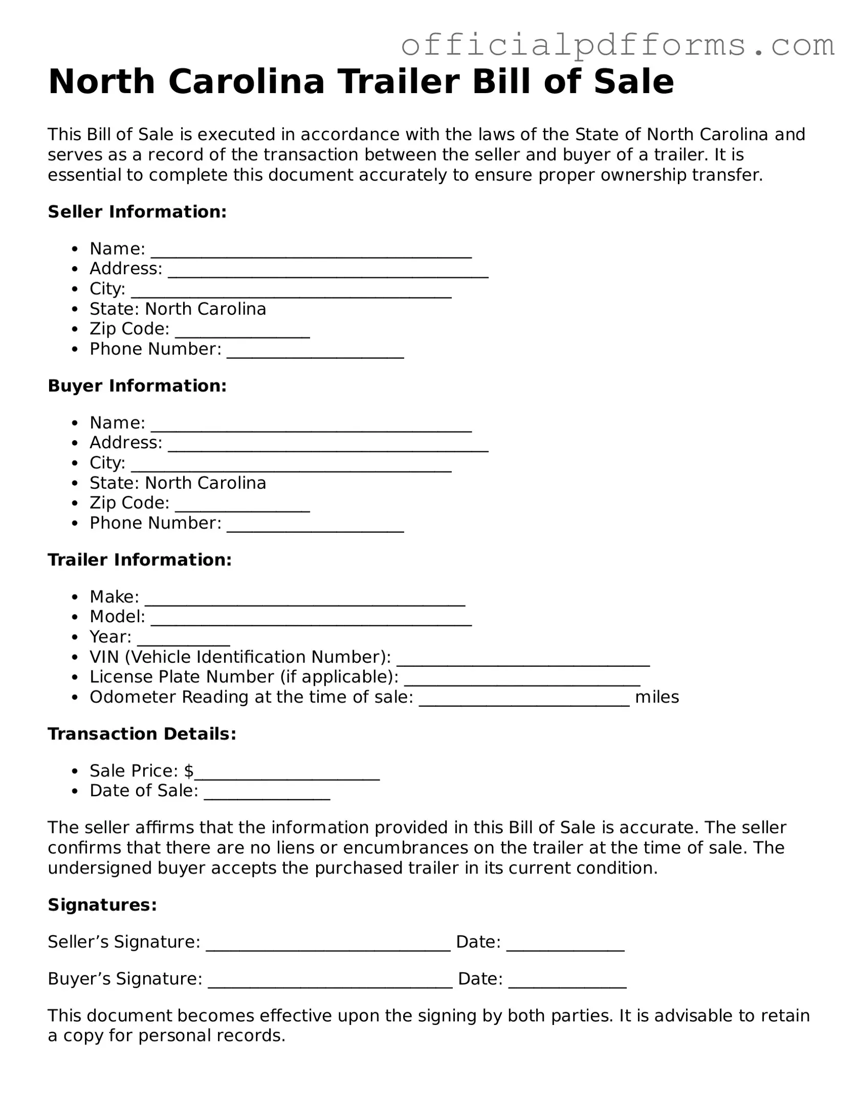 Printable North Carolina Trailer Bill of Sale Template