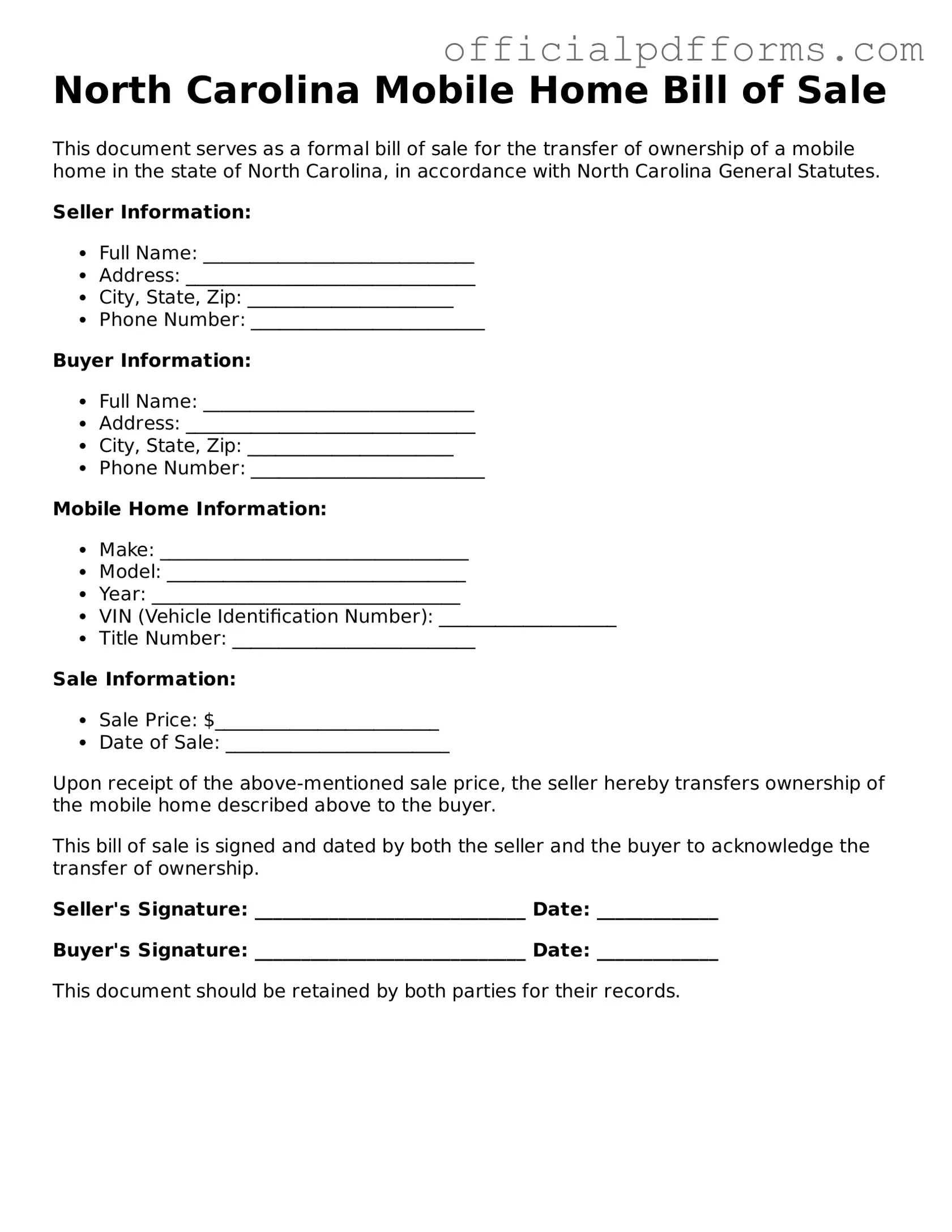 Printable North Carolina Mobile Home Bill of Sale Template