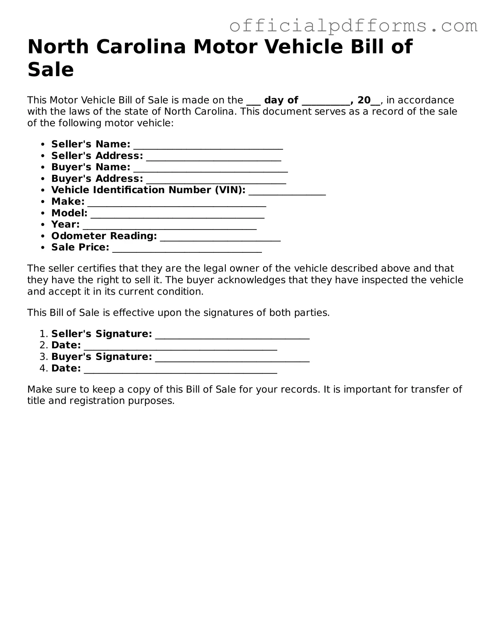 Printable North Carolina Motor Vehicle Bill of Sale Template