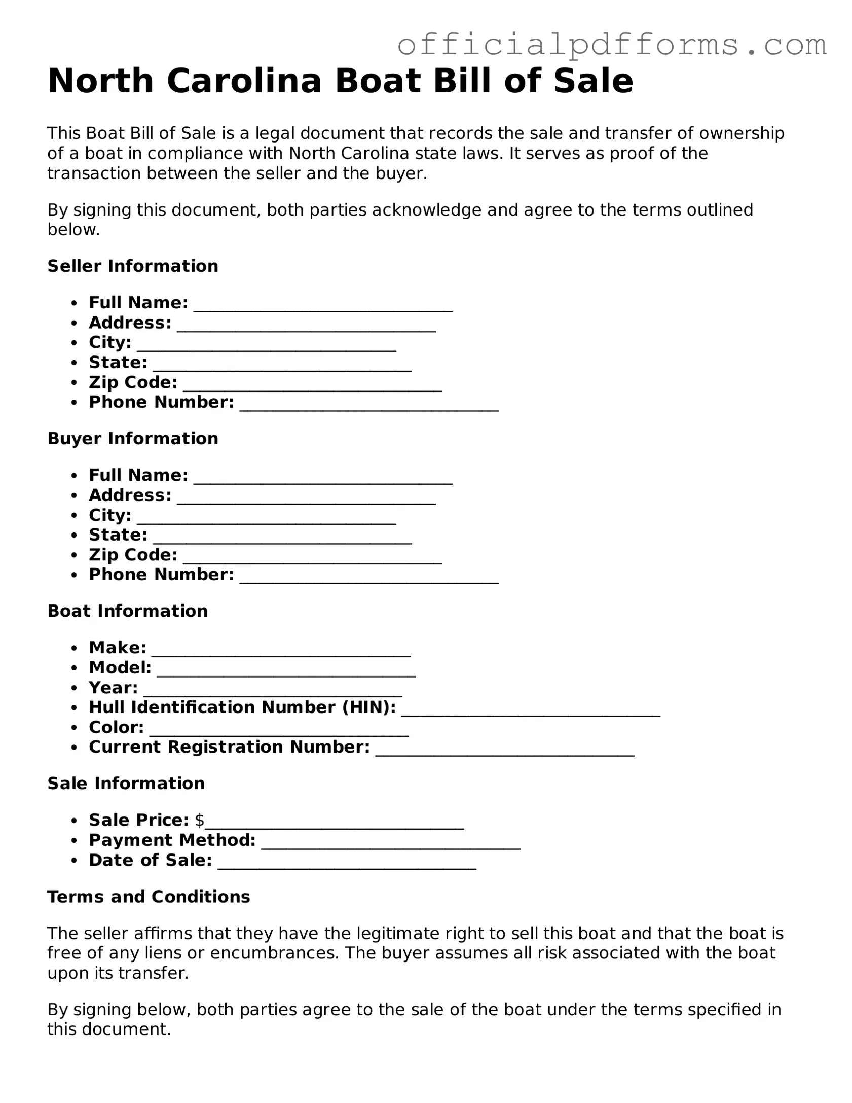 Printable North Carolina Boat Bill of Sale Template