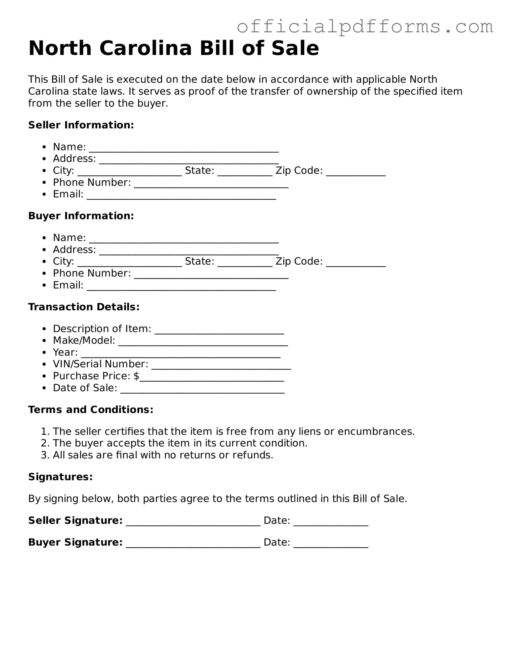 Printable North Carolina Bill of Sale Template