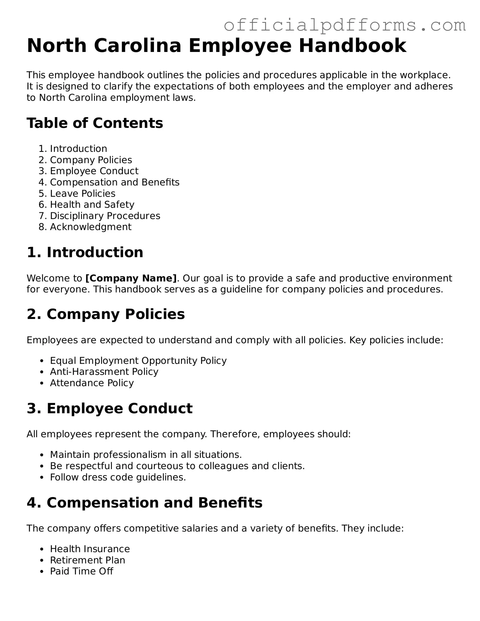 Printable North Carolina Employee Handbook Template