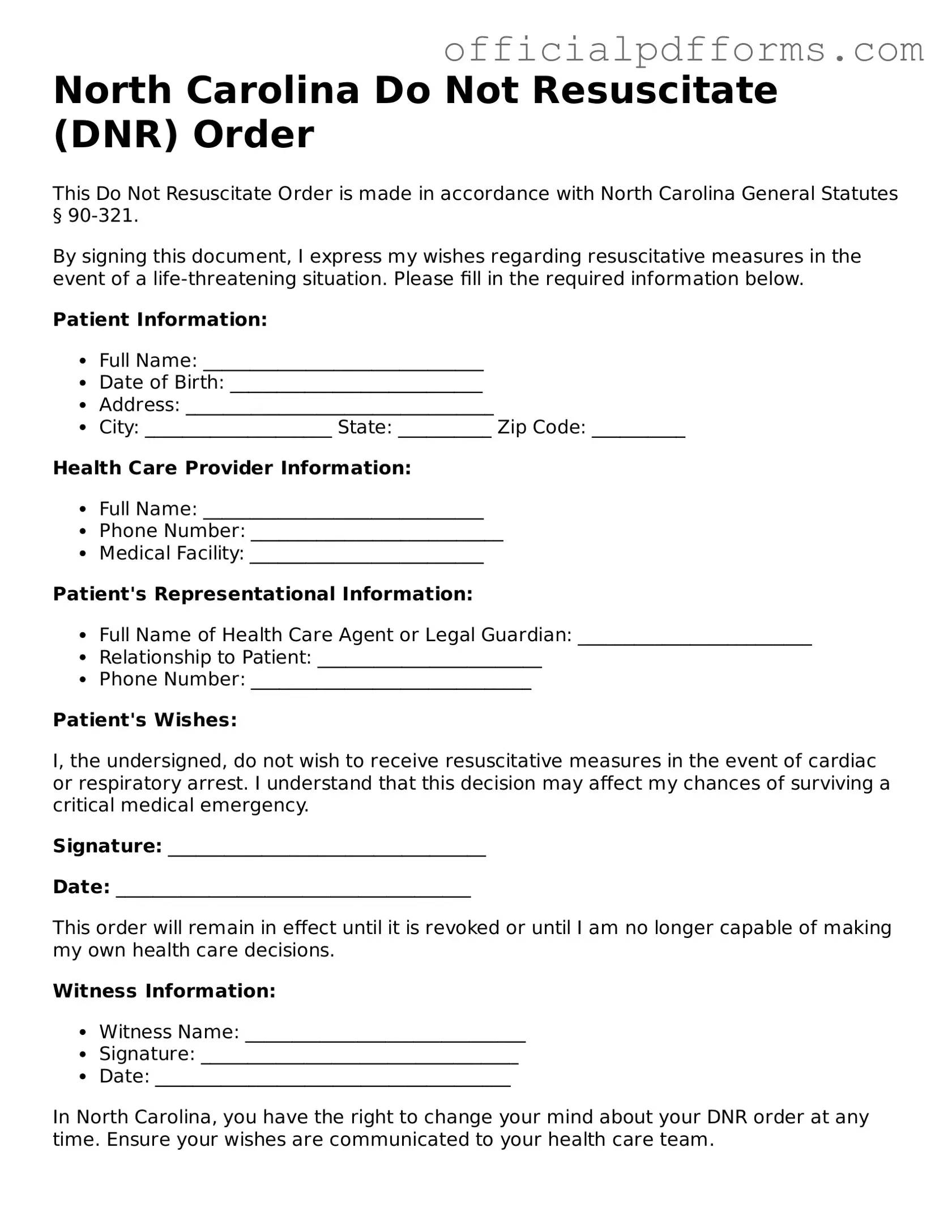Printable North Carolina Do Not Resuscitate Order Template