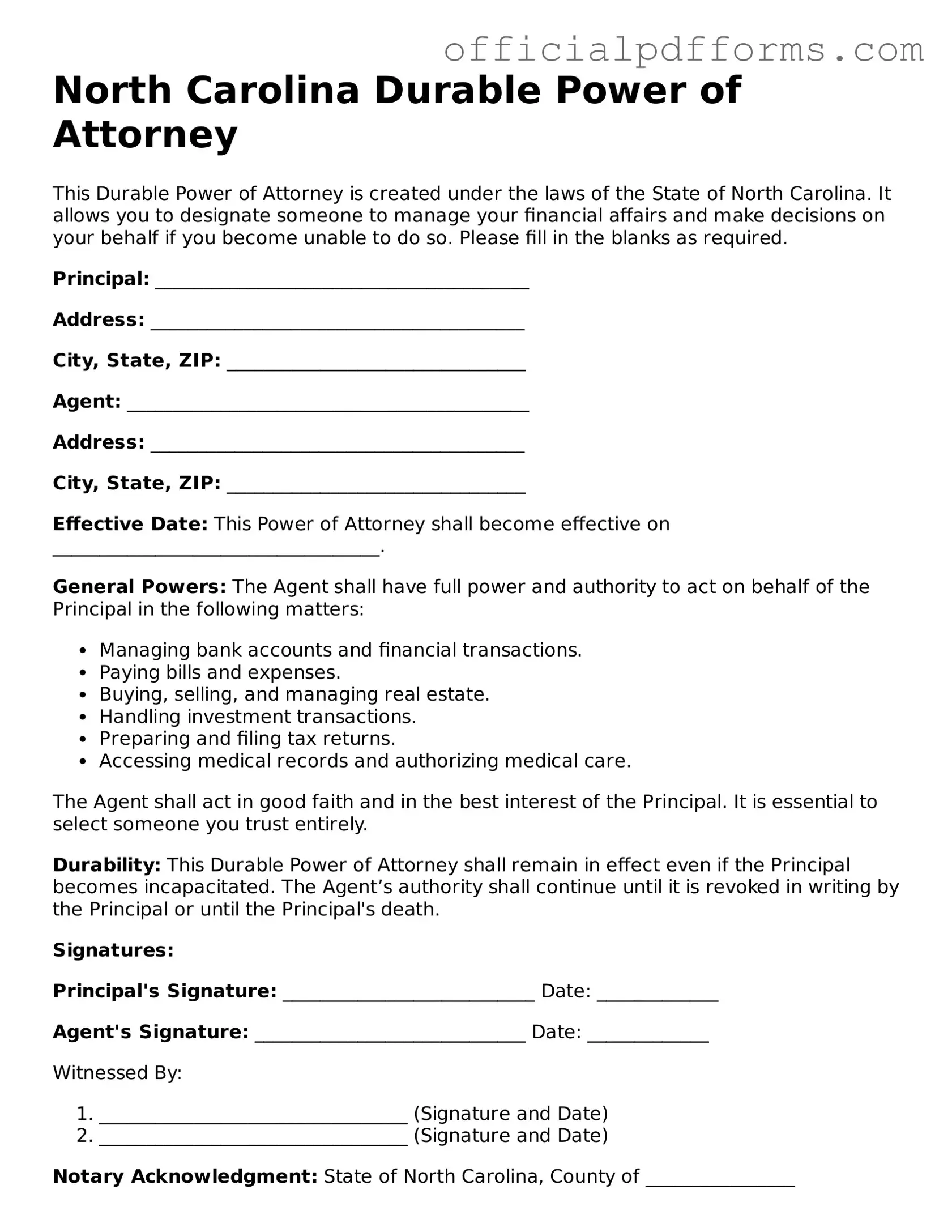 Printable North Carolina Durable Power of Attorney Template