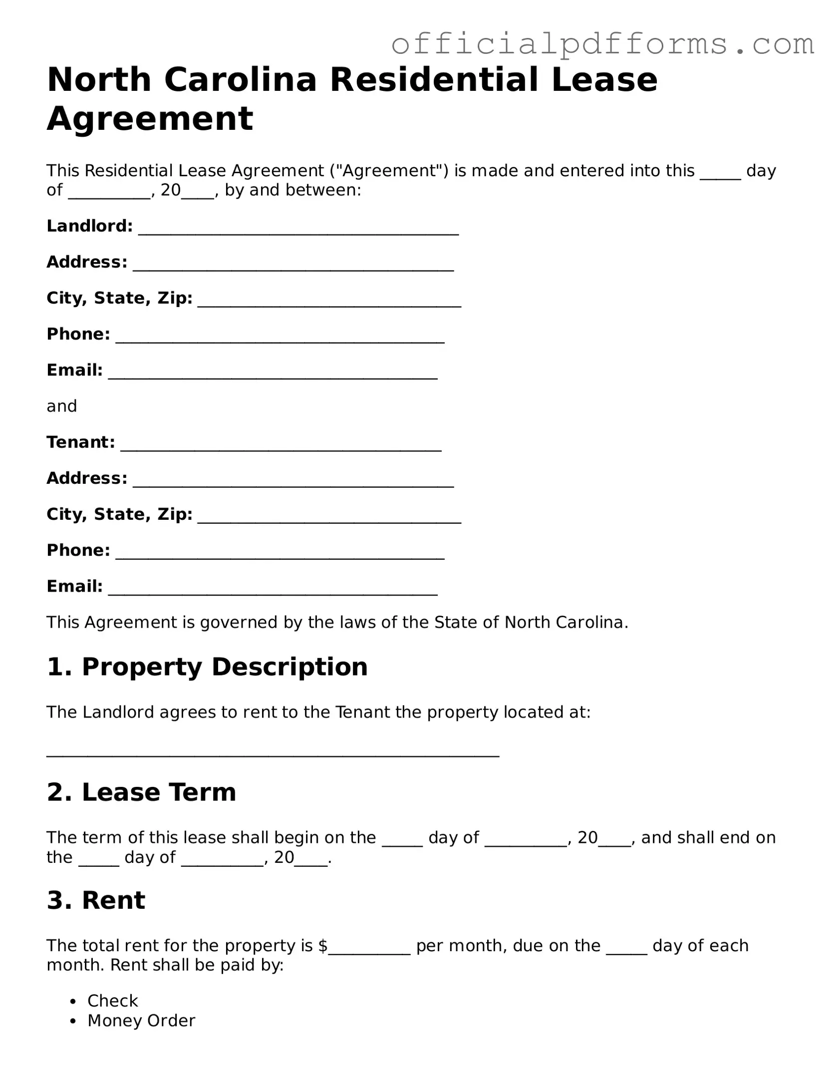 Printable North Carolina Residential Lease Agreement Template