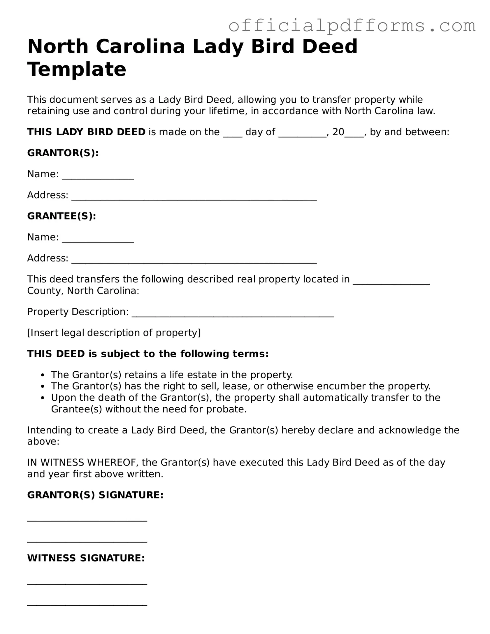 Printable North Carolina Lady Bird Deed Template
