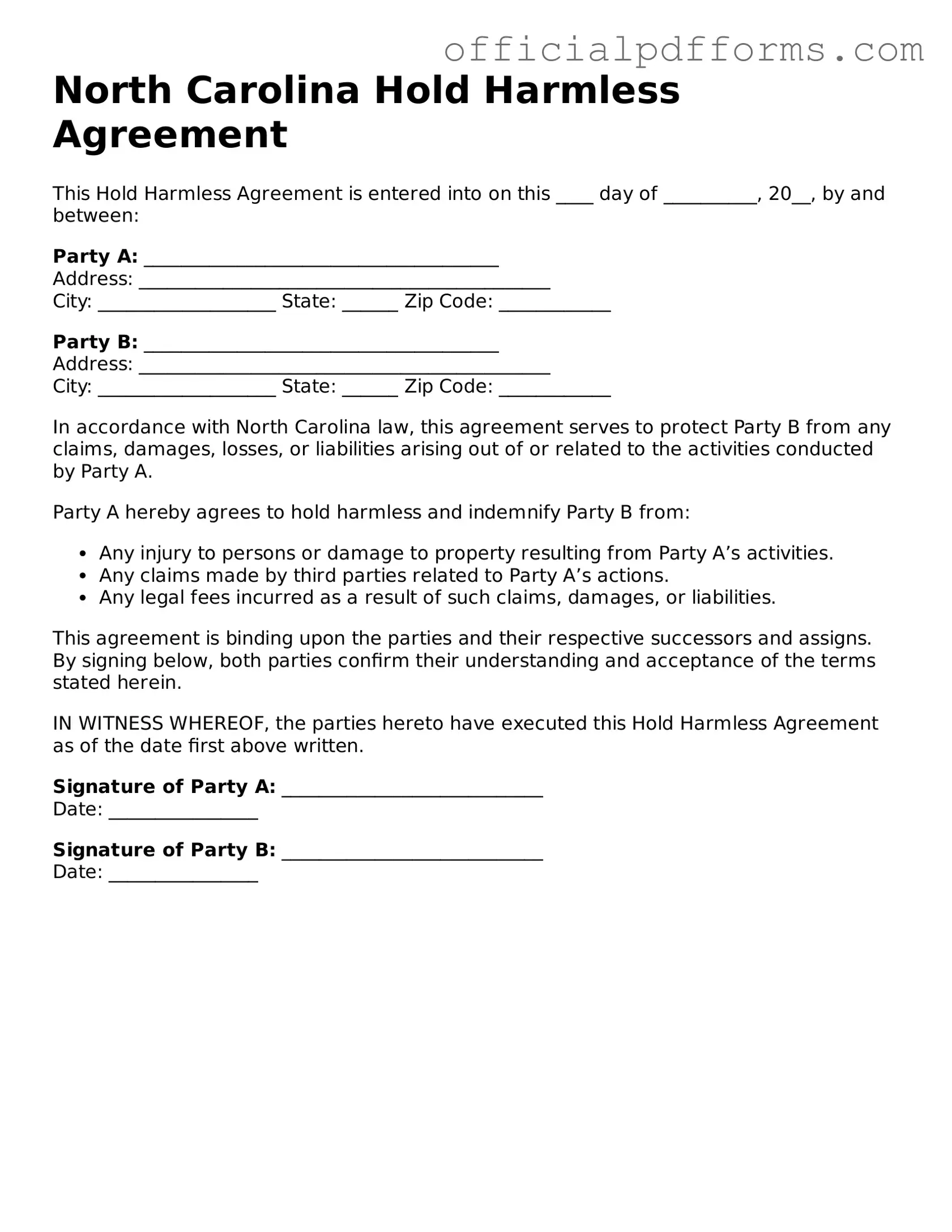 Printable North Carolina Hold Harmless Agreement Template