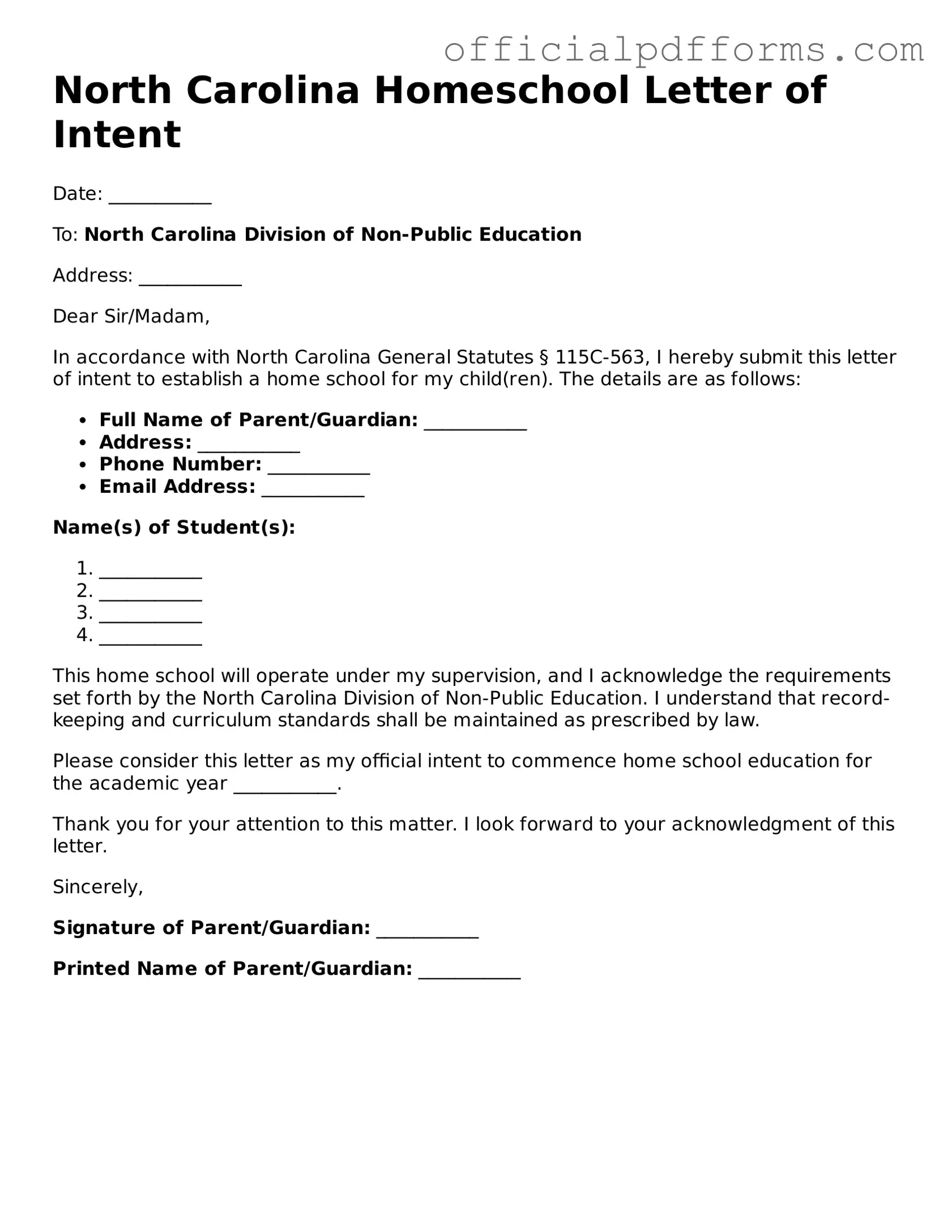 Printable North Carolina Homeschool Letter of Intent Template