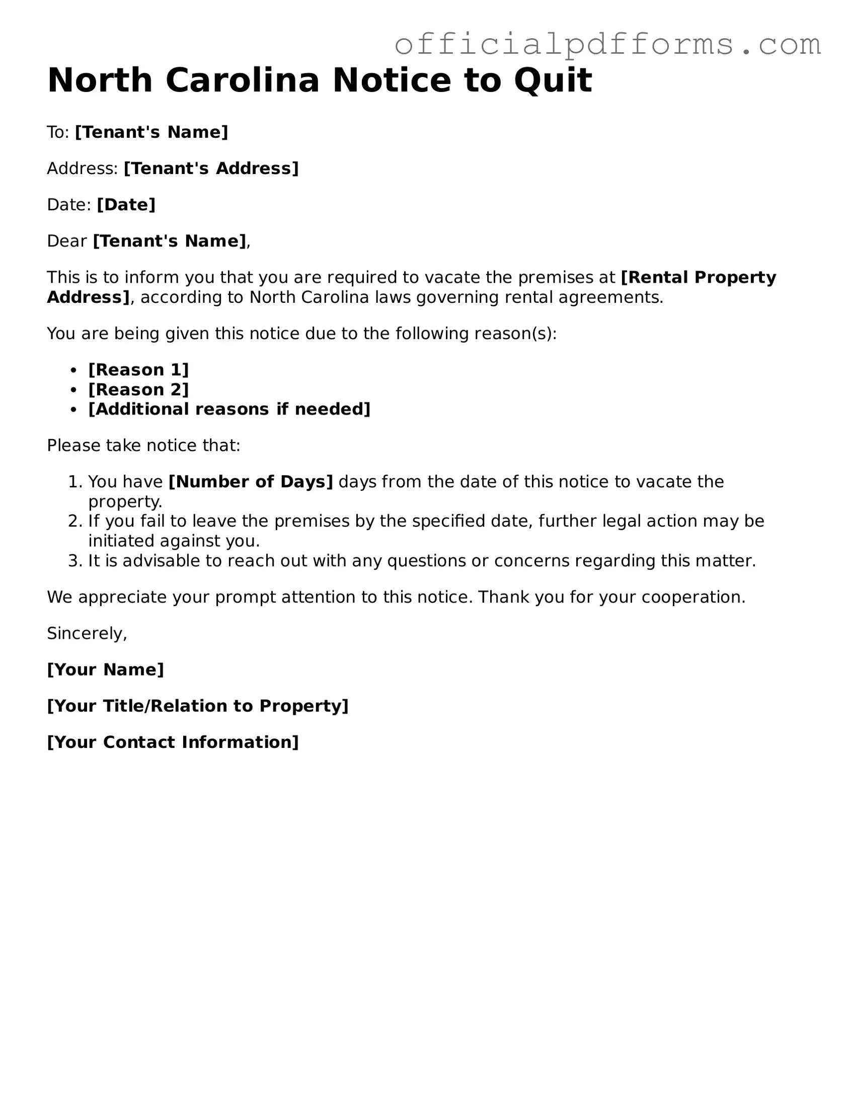 Printable North Carolina Notice to Quit Template