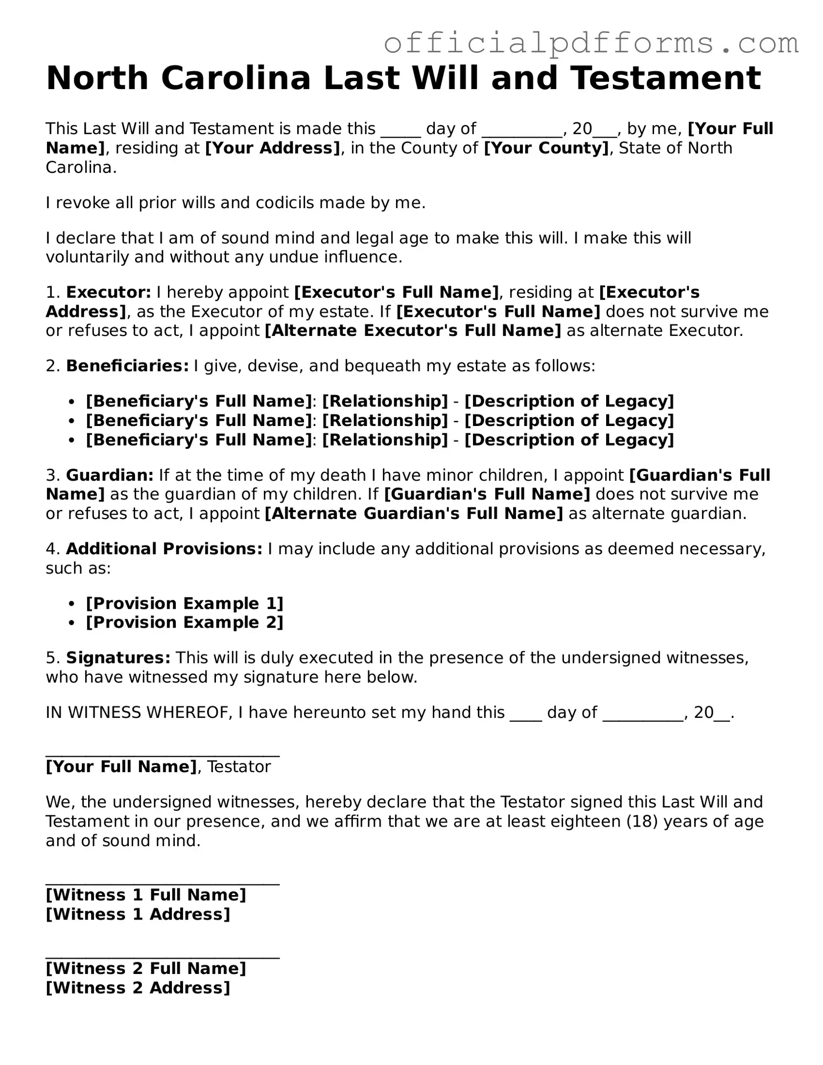 Printable North Carolina Last Will and Testament Template