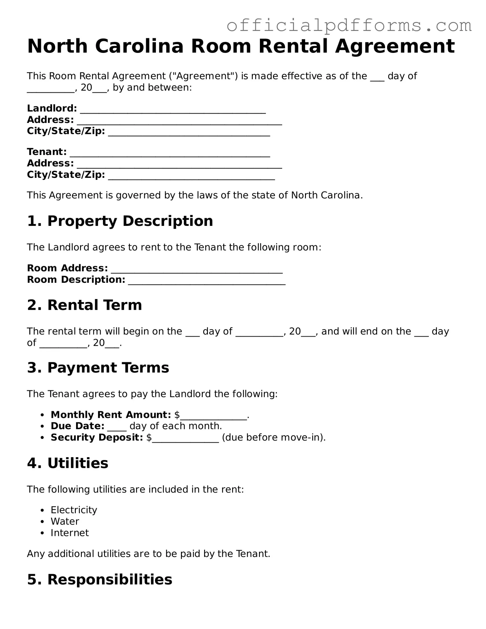 Printable North Carolina Room Rental Agreement Template