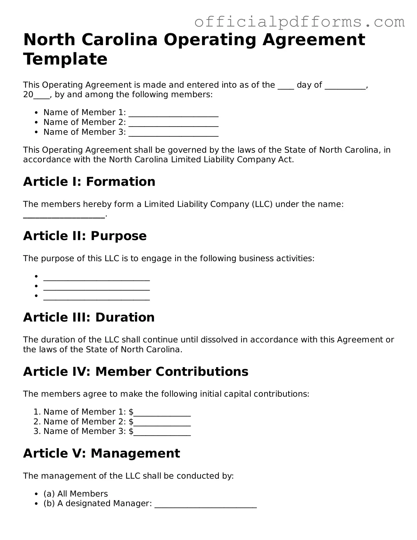 Printable North Carolina Operating Agreement Template