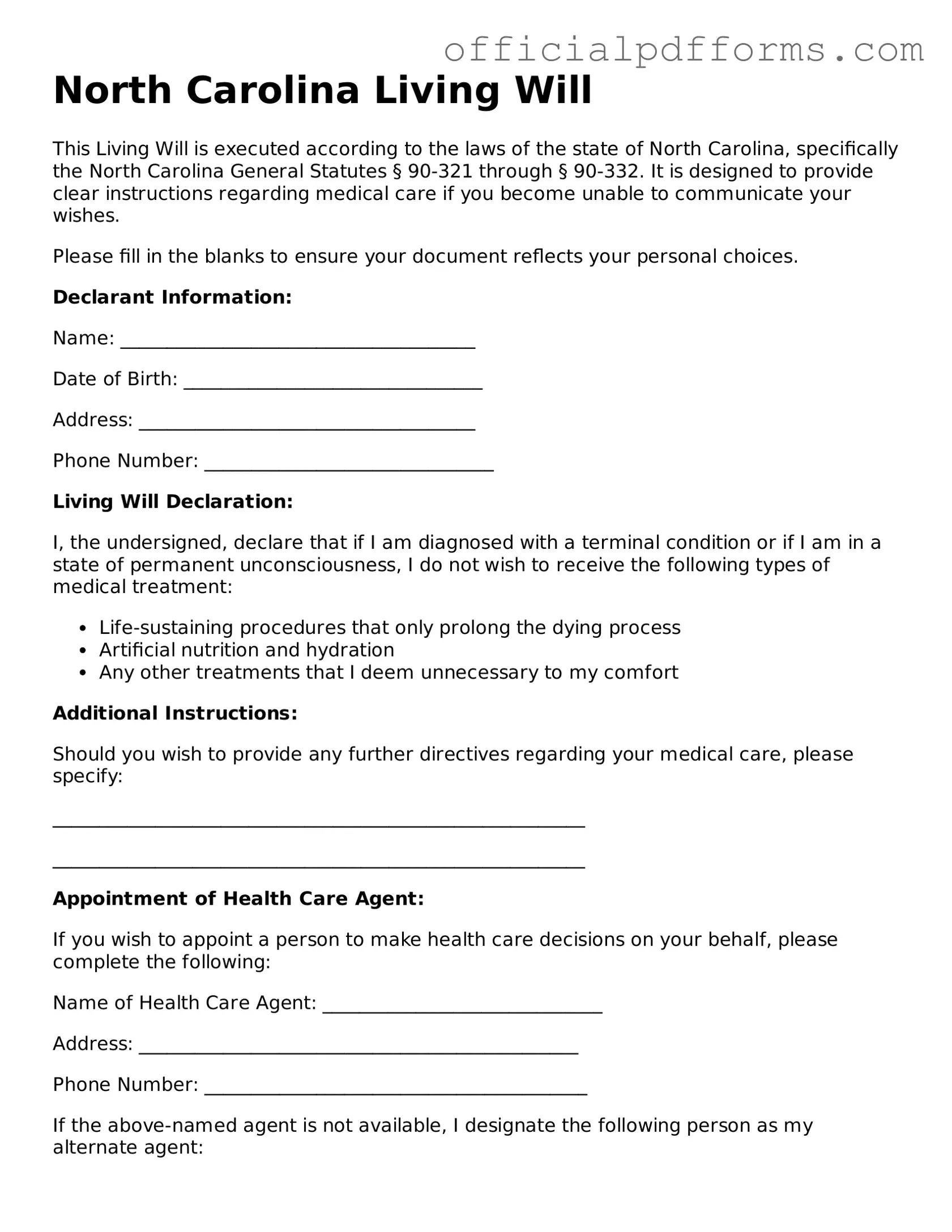 Printable North Carolina Living Will Template