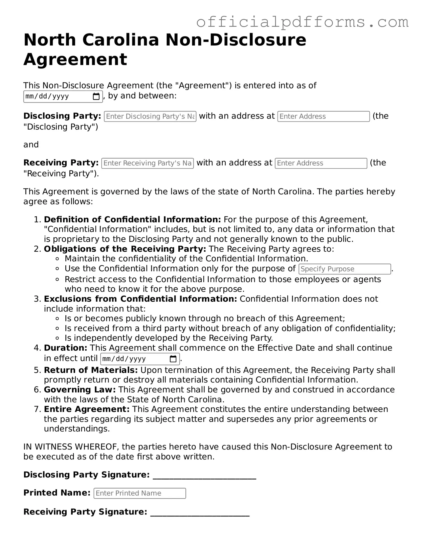 Printable North Carolina Non-disclosure Agreement Template