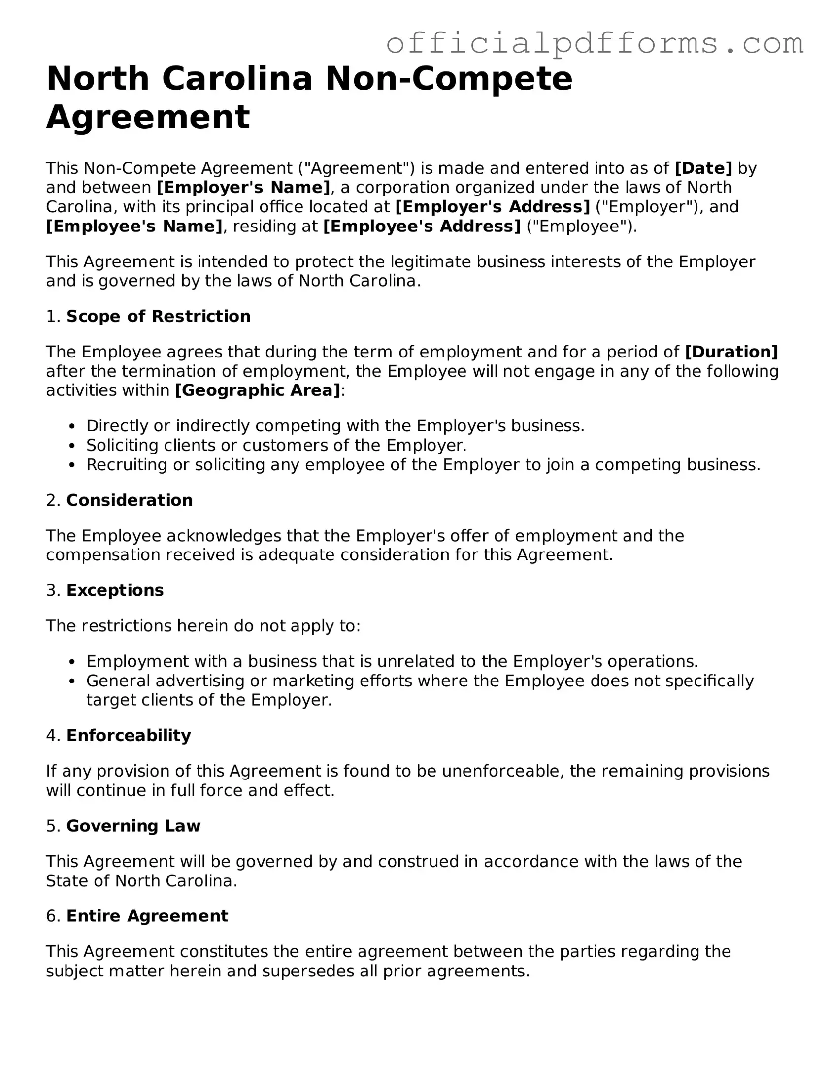 Printable North Carolina Non-compete Agreement Template