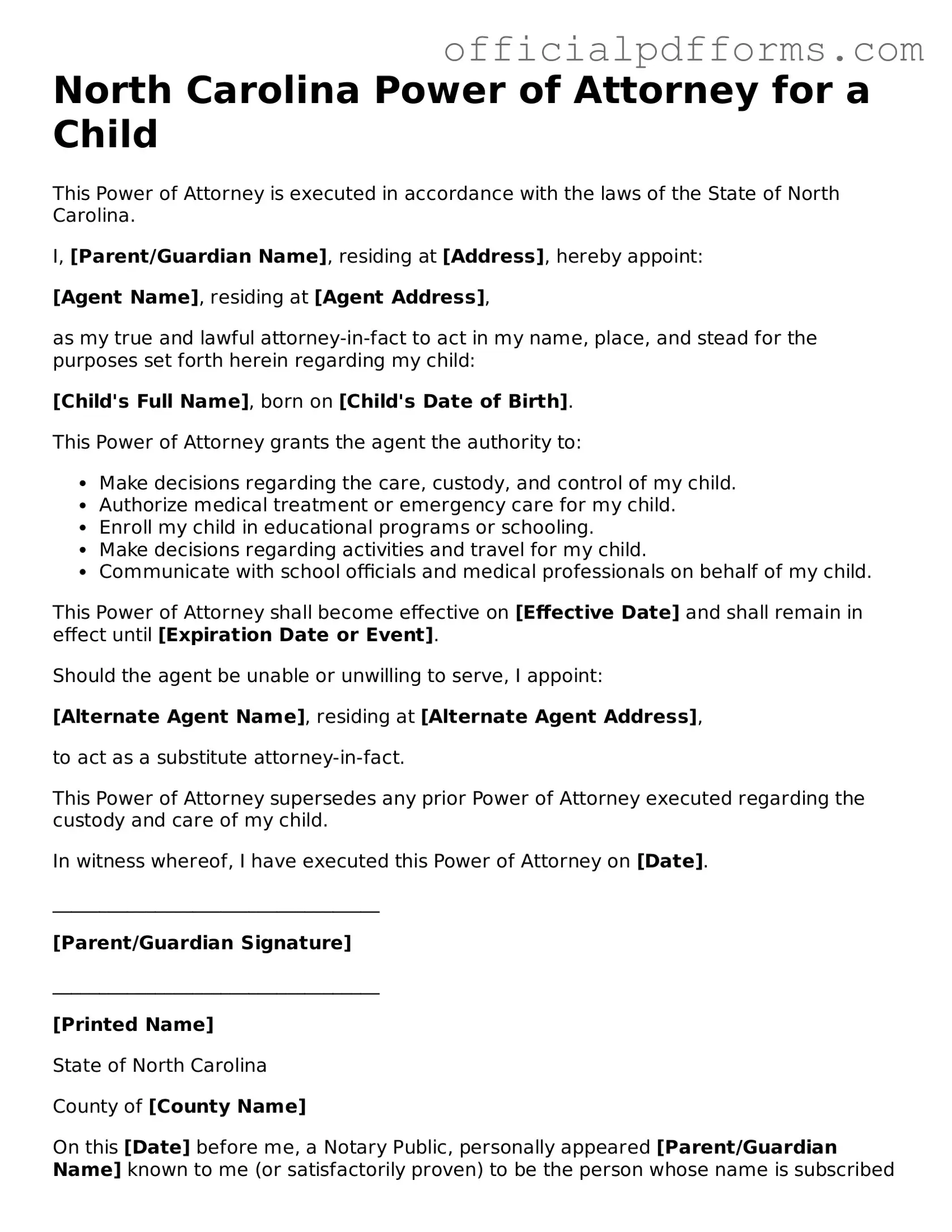Printable North Carolina Power of Attorney for a Child Template