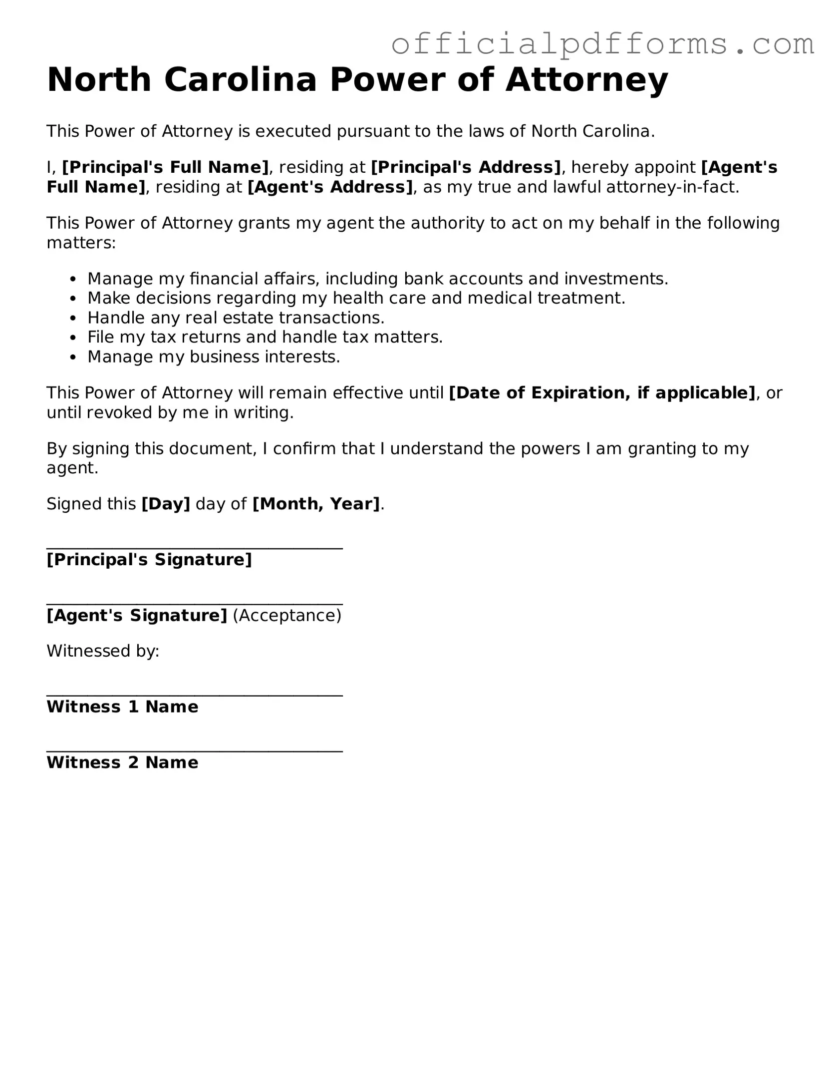 Printable North Carolina Power of Attorney Template