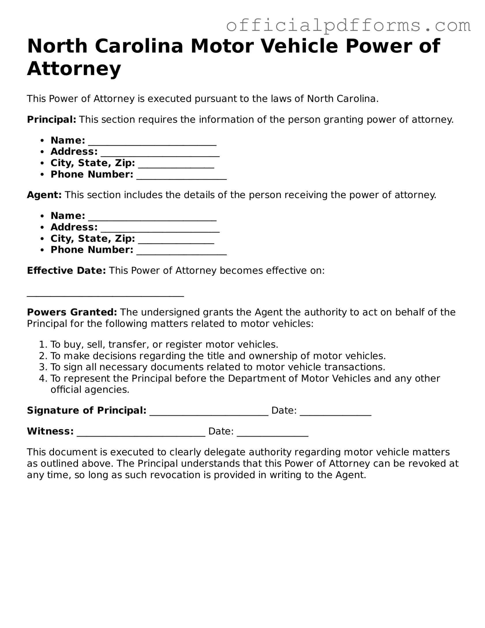 Printable North Carolina Motor Vehicle Power of Attorney Template