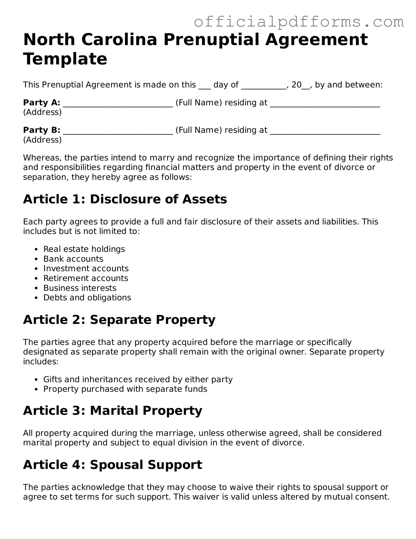 Printable North Carolina Prenuptial Agreement Template