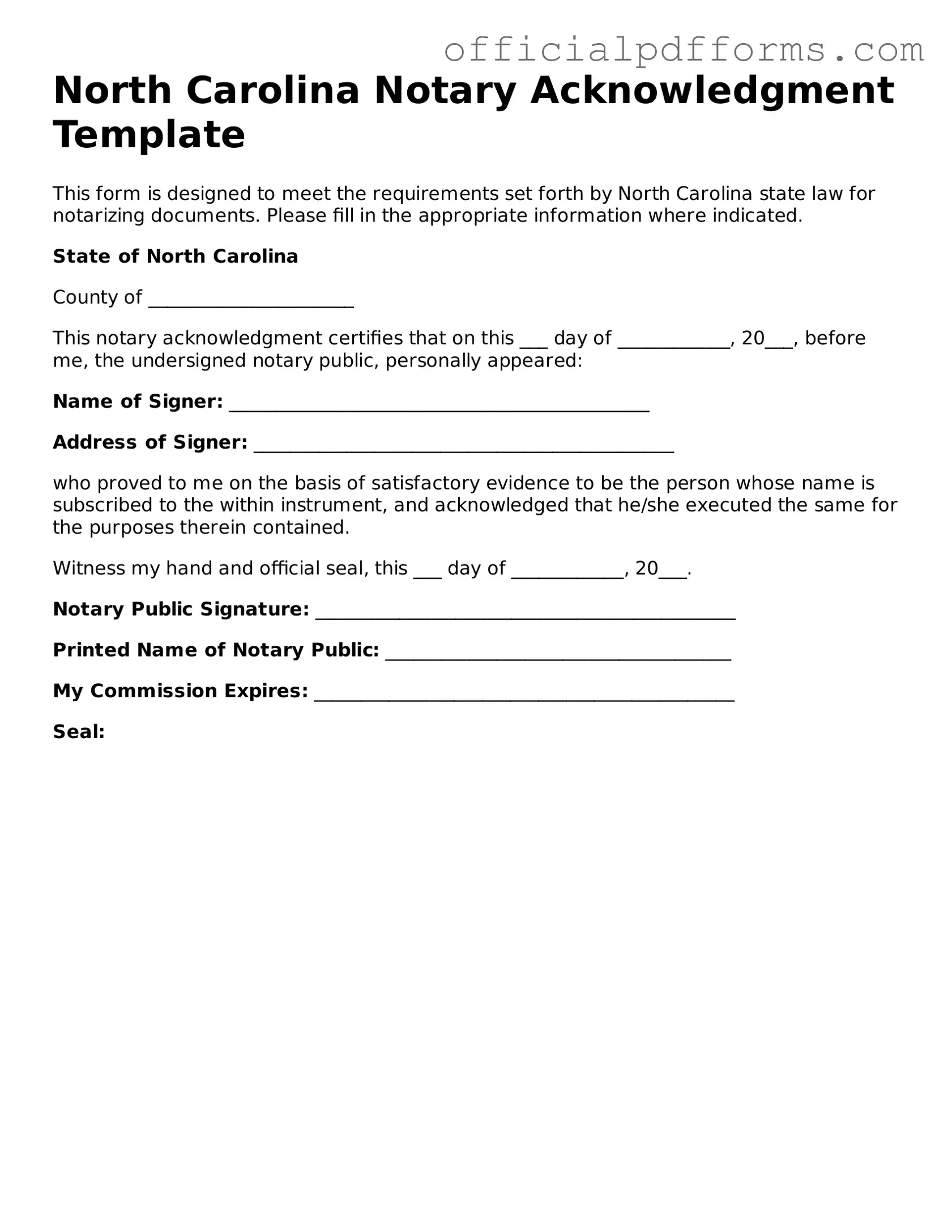 Printable North Carolina Notary Acknowledgement Template