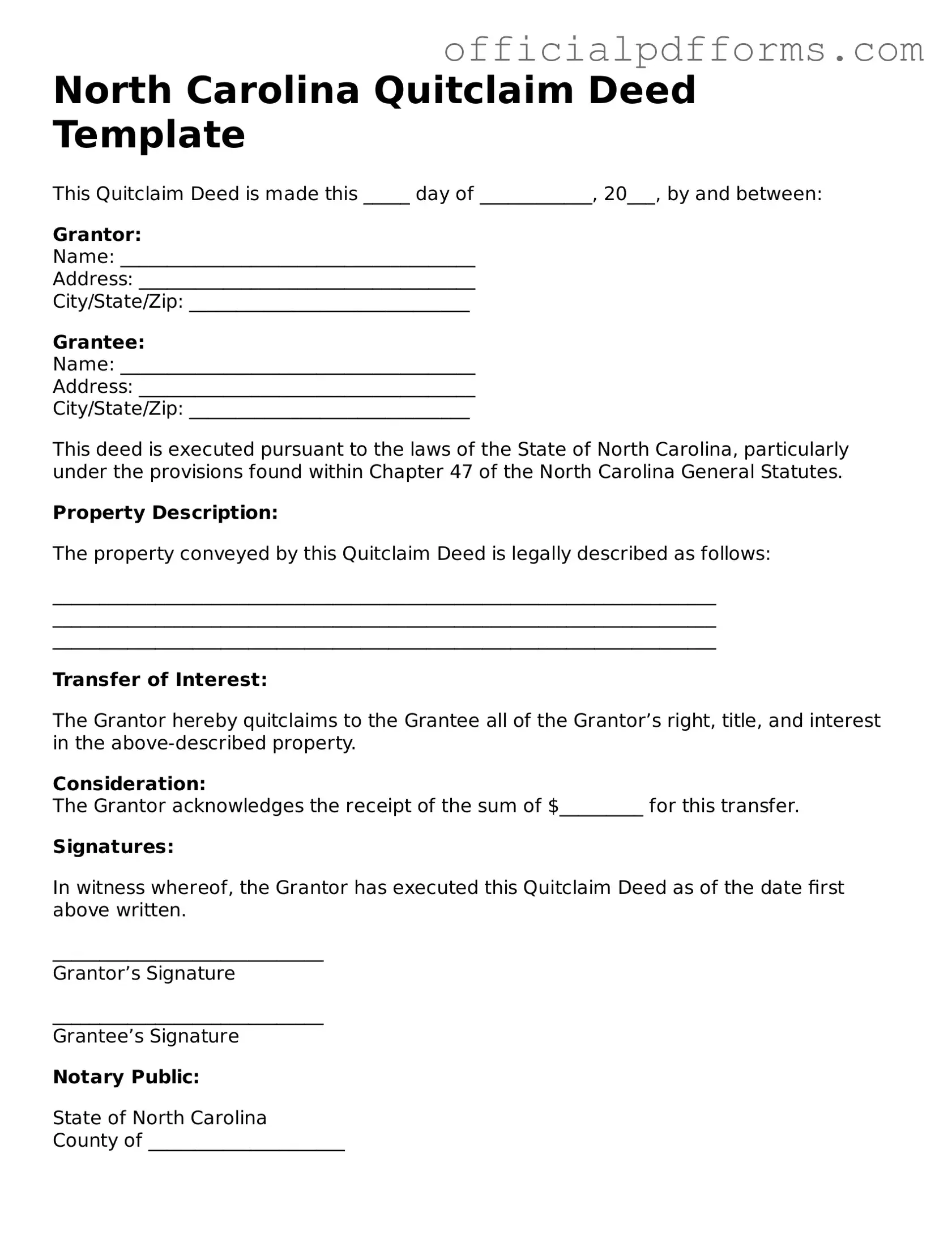 Printable North Carolina Quitclaim Deed Template