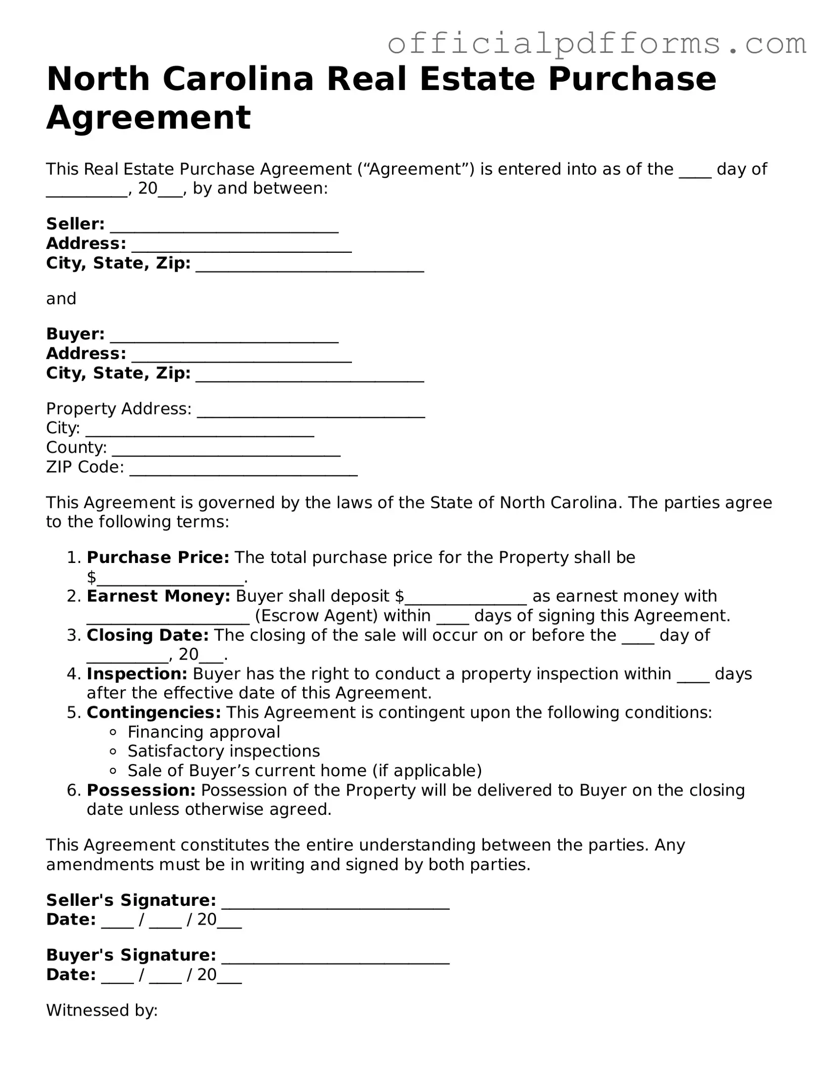 Printable North Carolina Real Estate Purchase Agreement Template