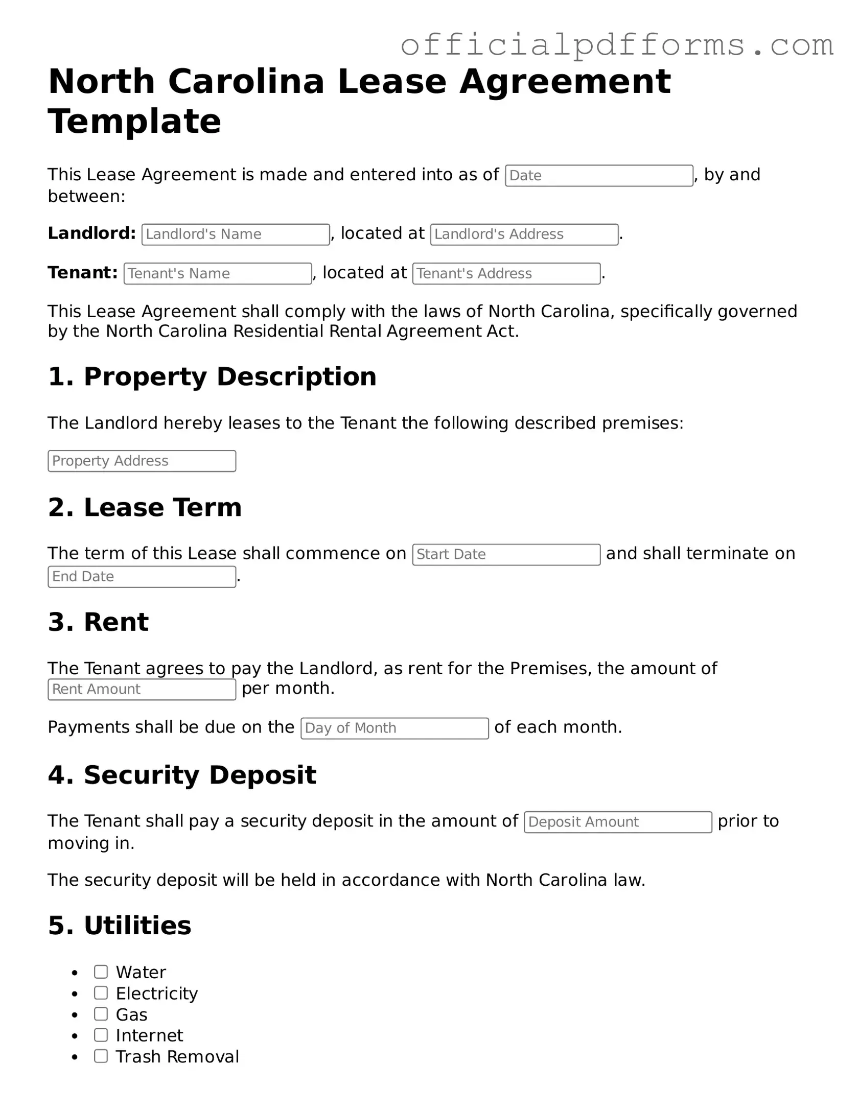 Printable North Carolina Lease Agreement Template