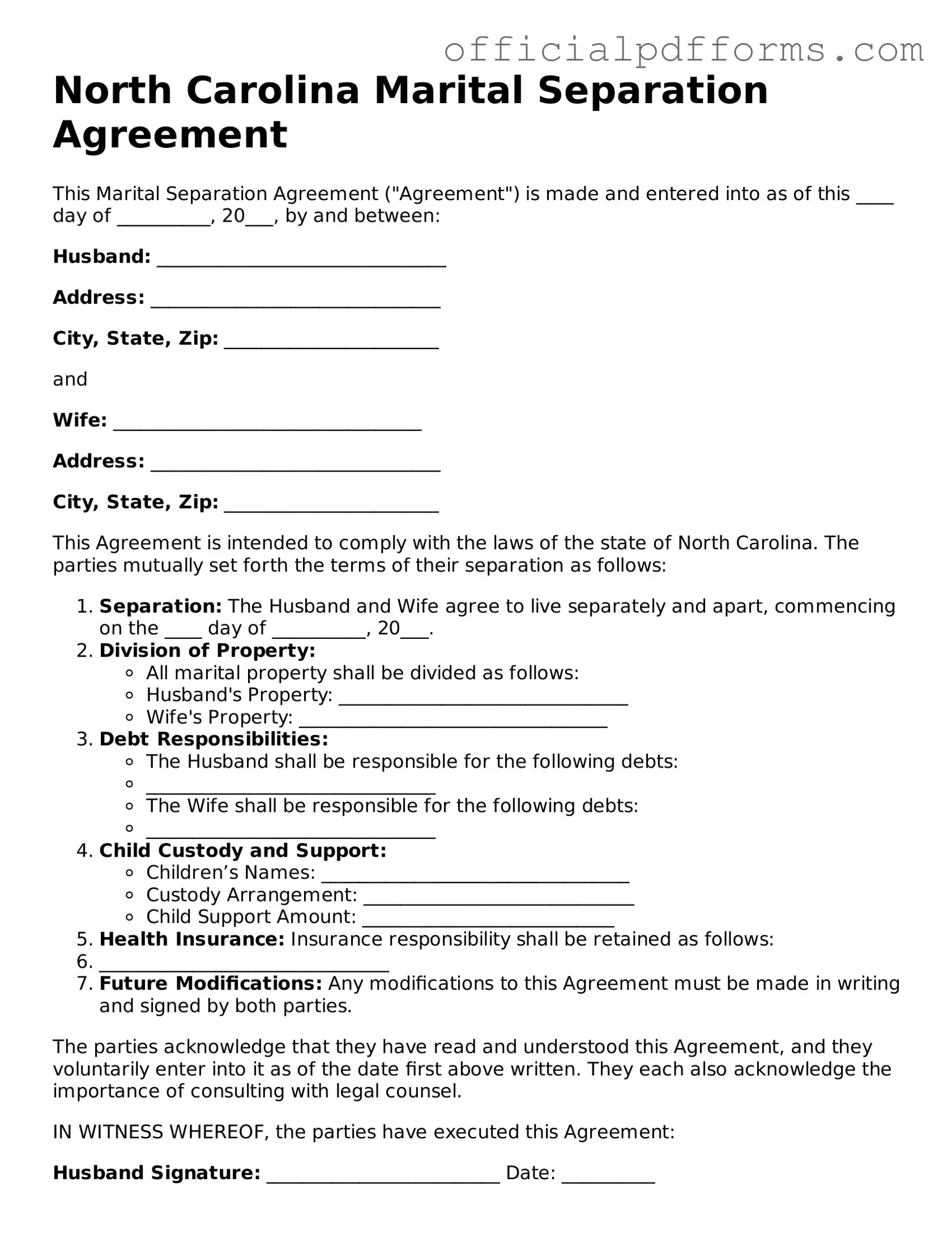 Printable North Carolina Marital Separation Agreement Template