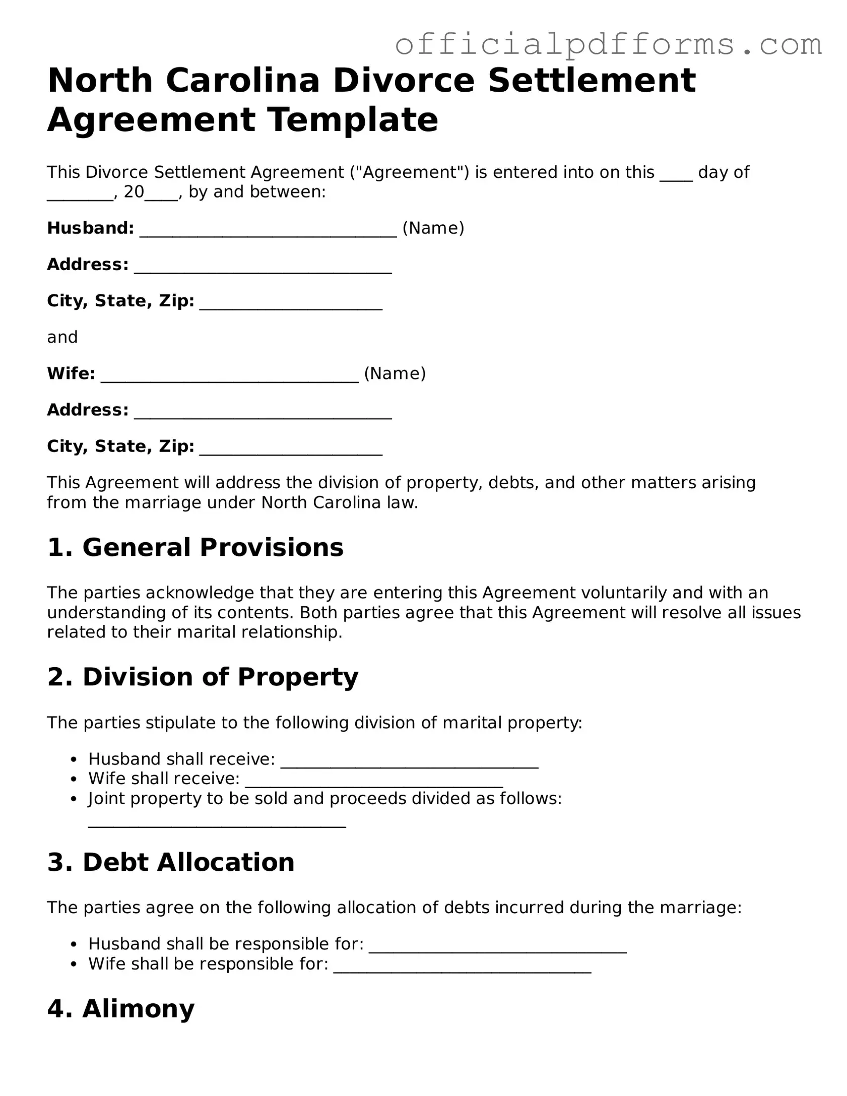 Printable North Carolina Divorce Settlement Agreement Template