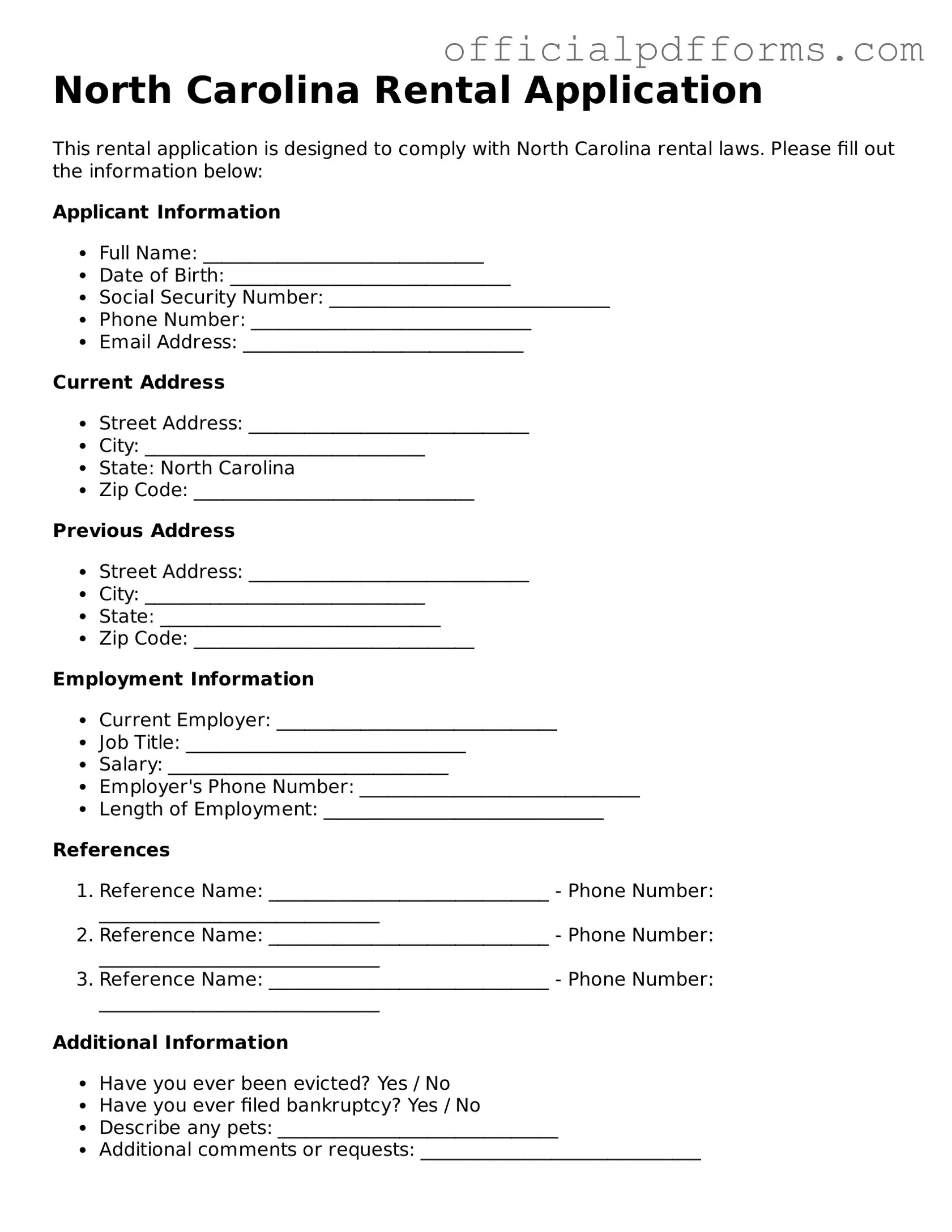 Printable North Carolina Rental Application Template